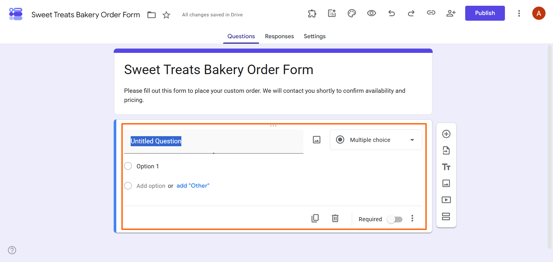 Bakery order form editor with a question field highlighted and the Multiple choice question type selected