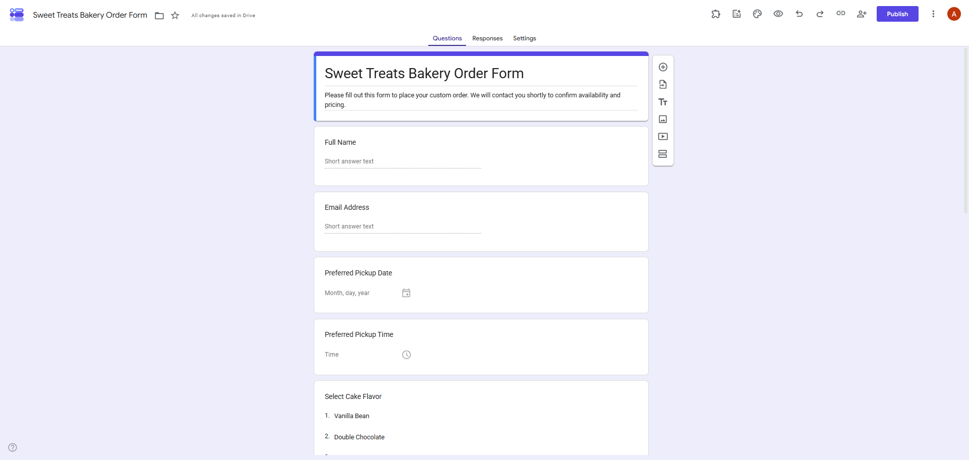 Completed bakery order form with fields for customer details, pickup information, products, quantities, and delivery instructions