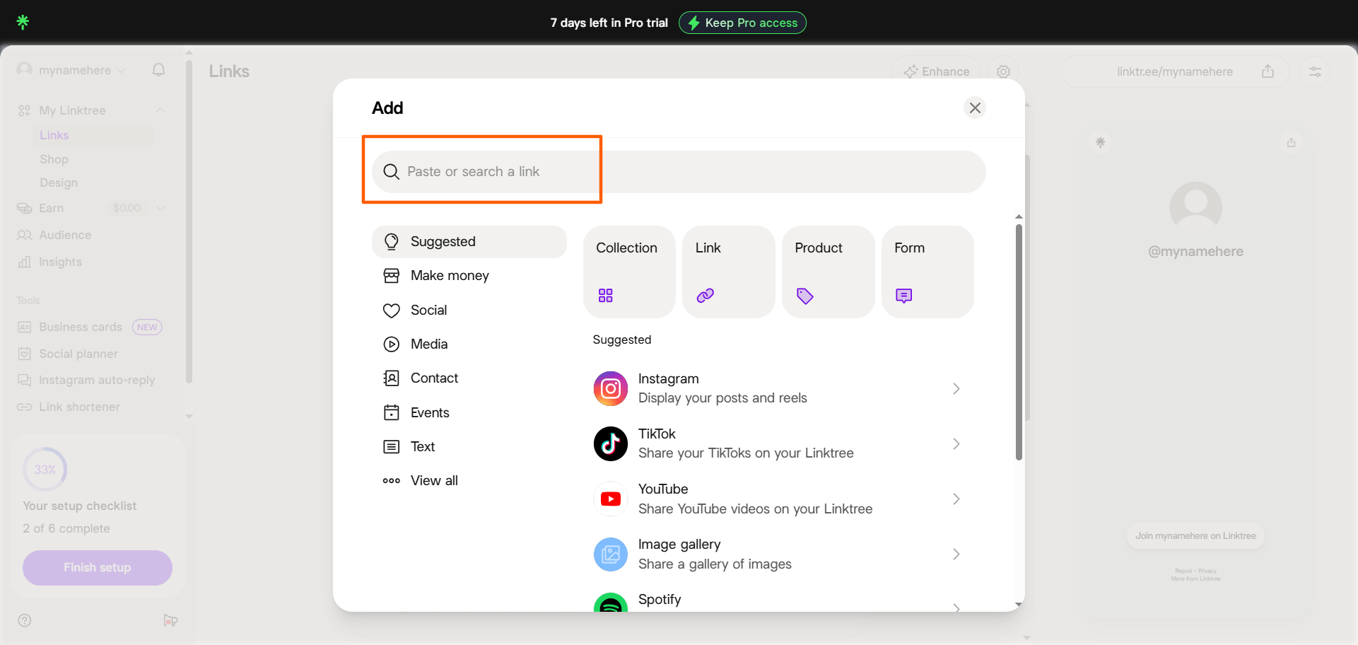 Linktree Add popup with the search bar highlighted for pasting a Google Forms link
