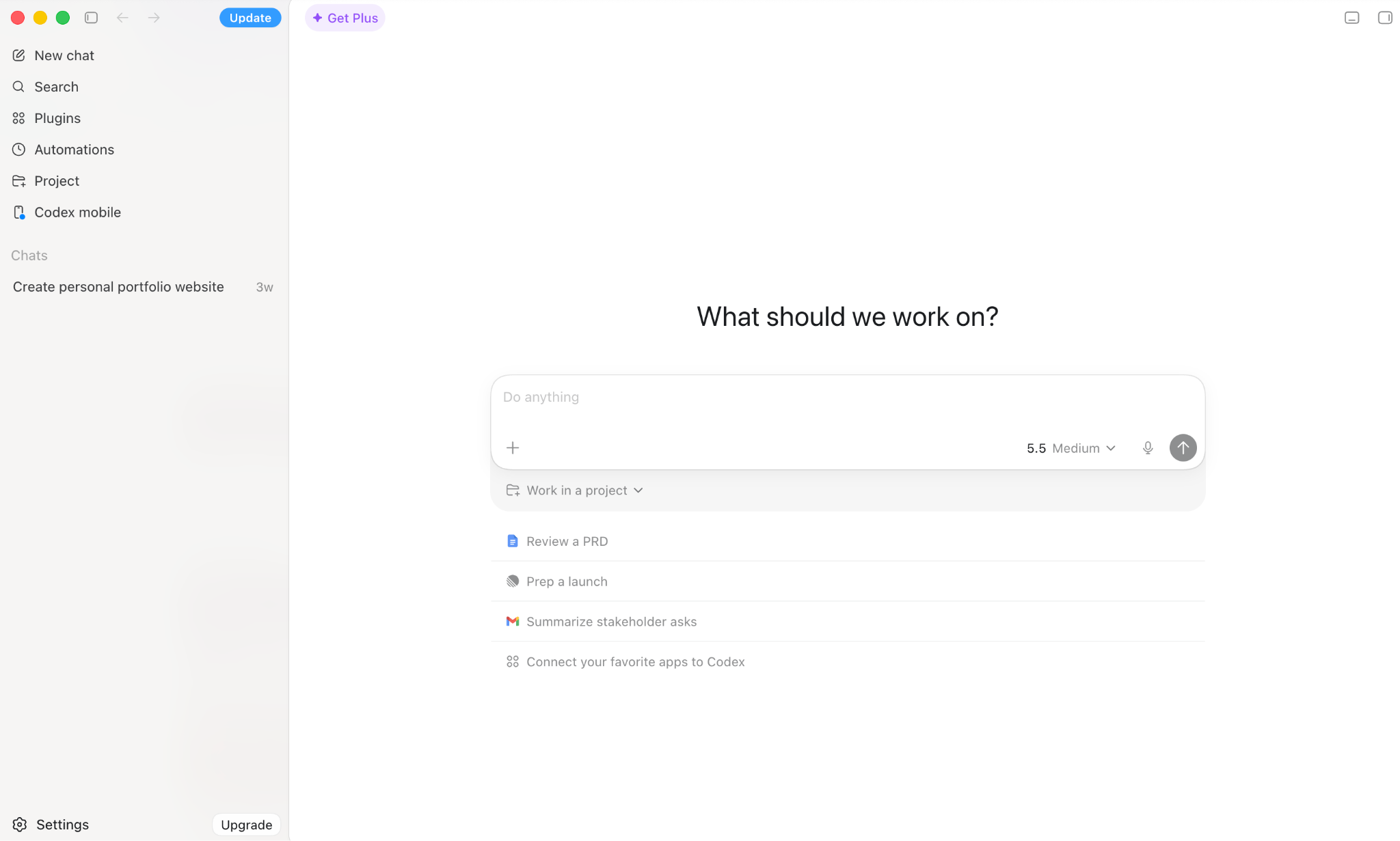 Codex’s main interface
