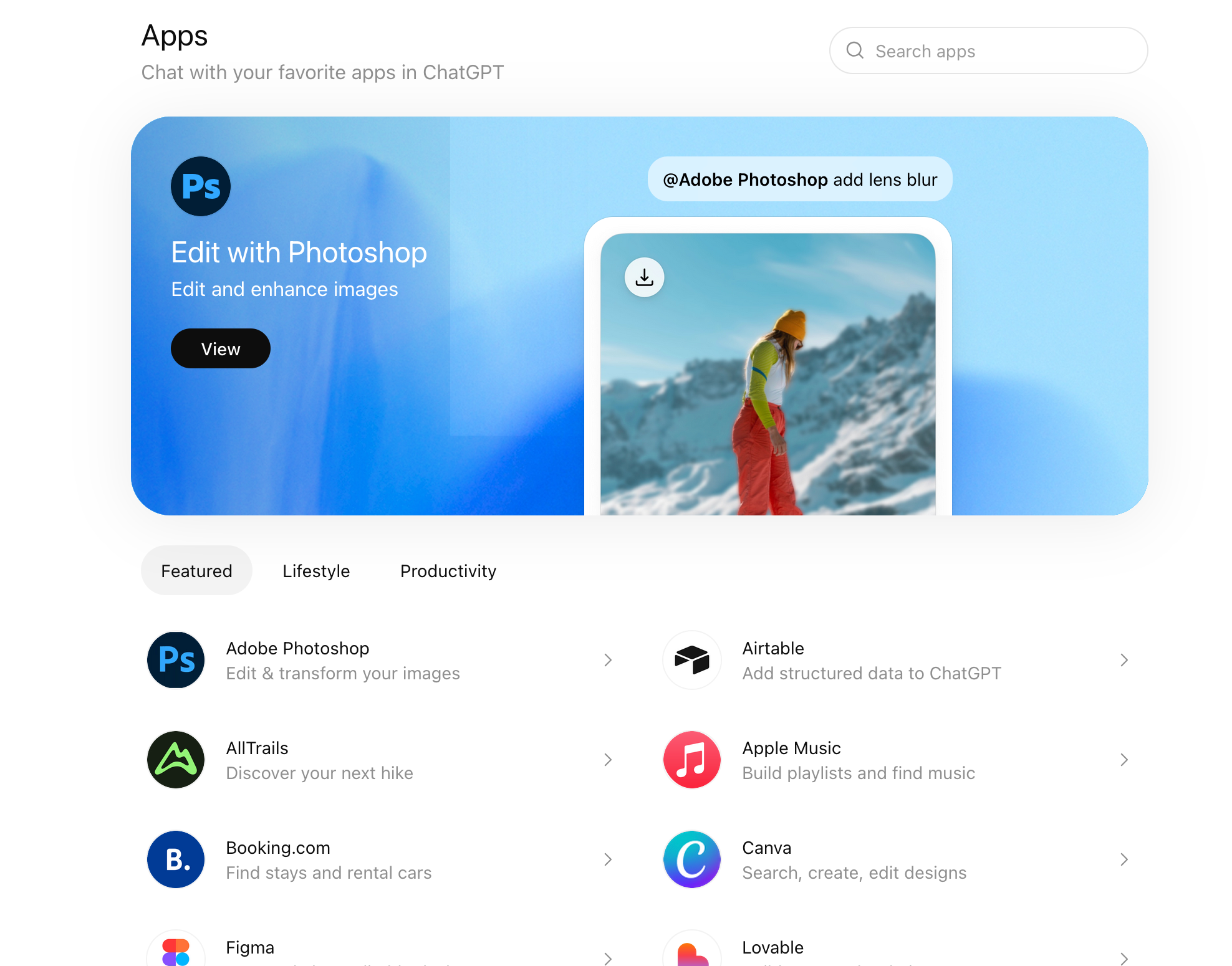 The ChatGPT Apps screen