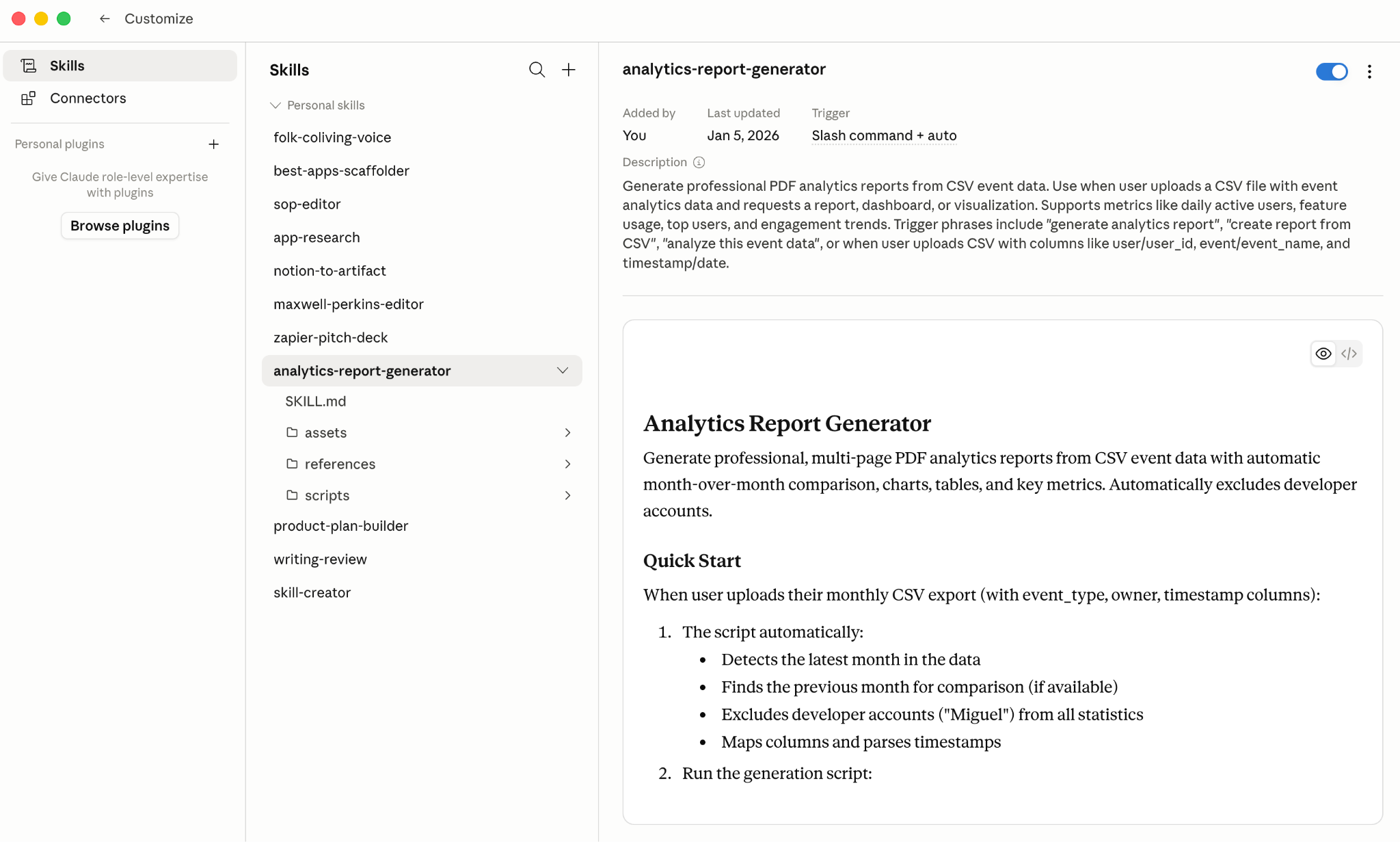 Claude’s Customize settings displaying the “analytics-report-generator” skill, including its description, folder structure, and quick-start instructions