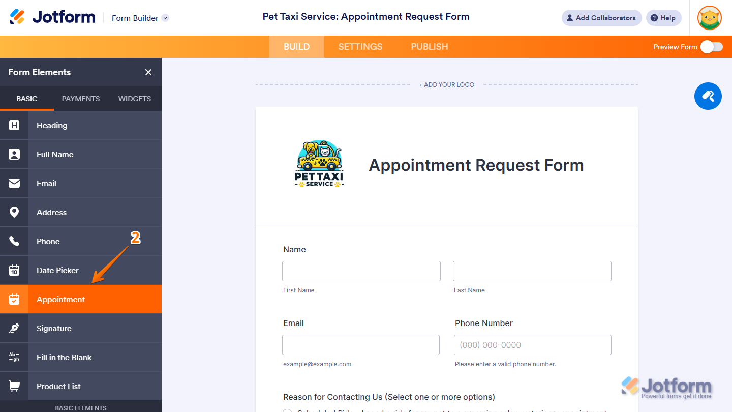 Form Elements panel open with the Appointment field highlighted for adding it to the form