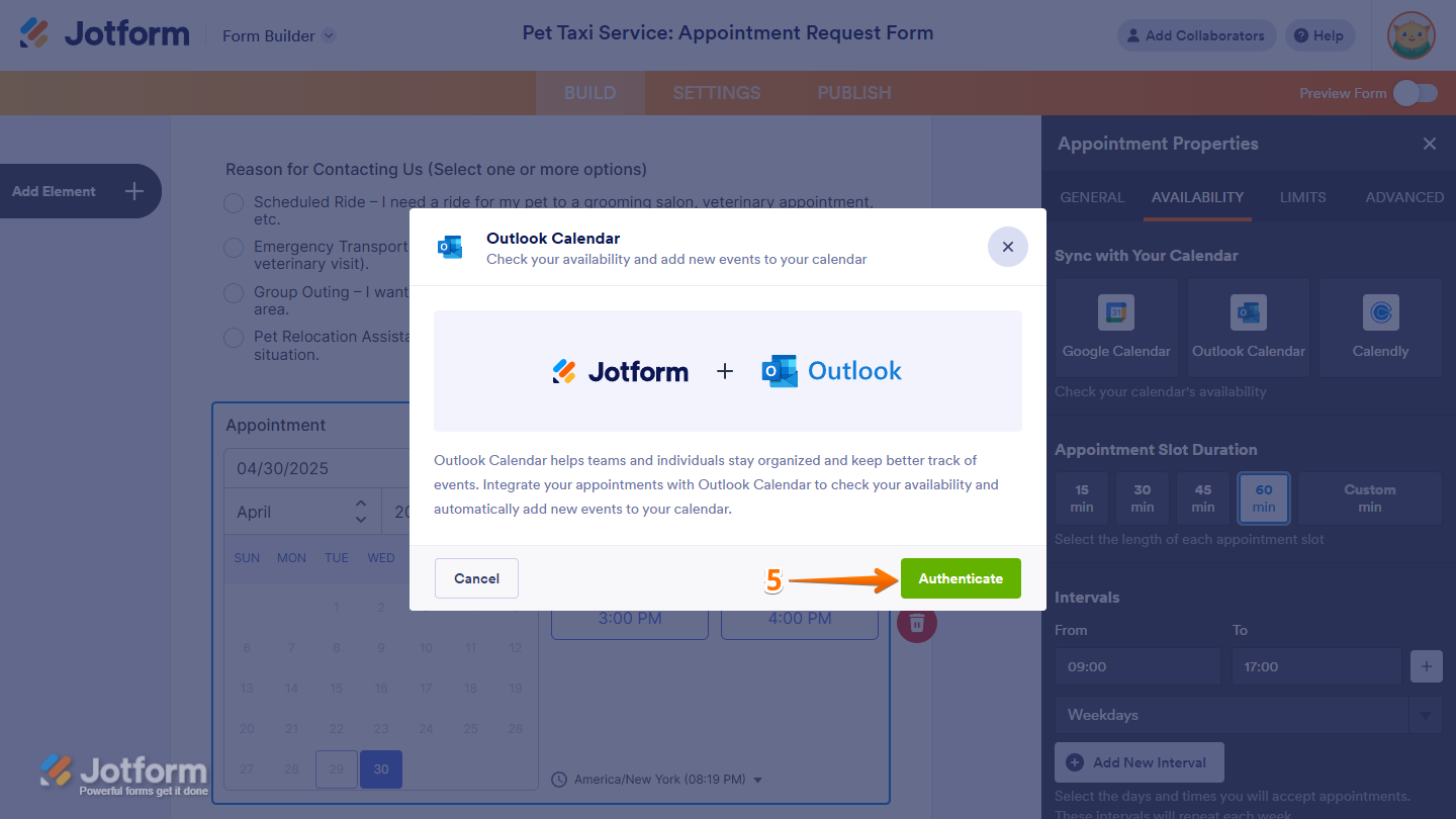 Outlook Calendar connection popup prompting the user to authenticate and connect their account
