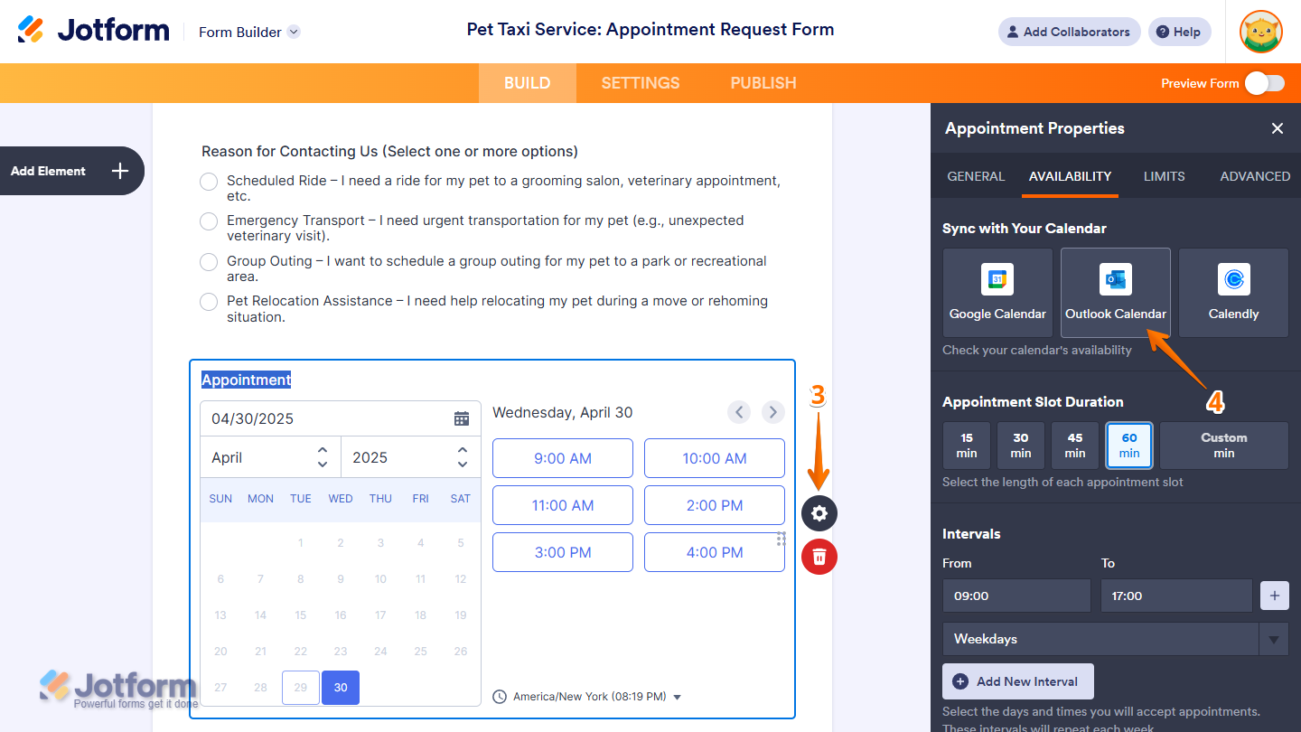 Appointment Properties panel showing the Availability tab and Outlook Calendar sync option