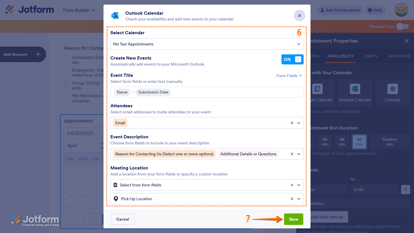 Appointment calendar settings window showing calendar selection and the Save button