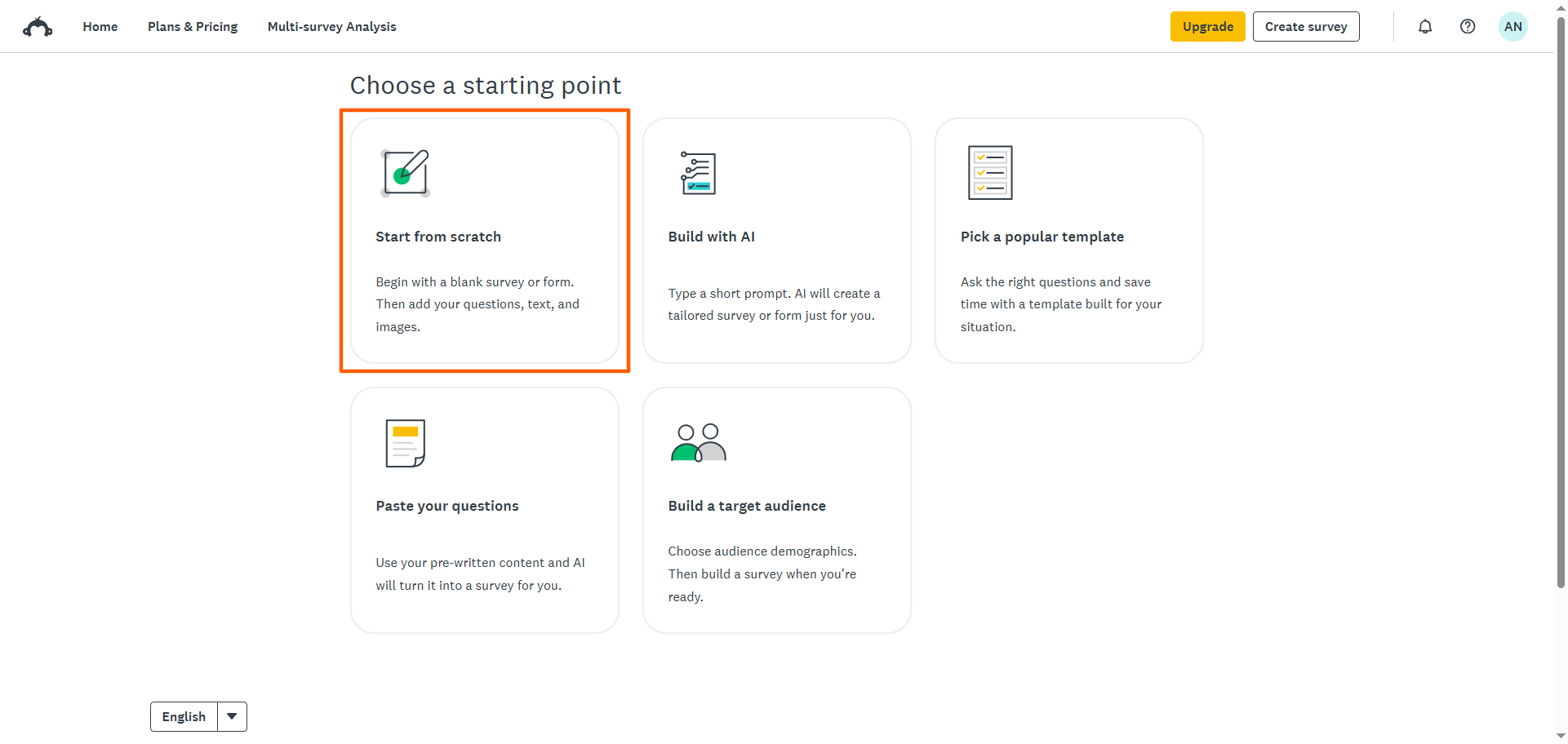 SurveyMonkey Create survey, Choose a starting point options Start from scratch