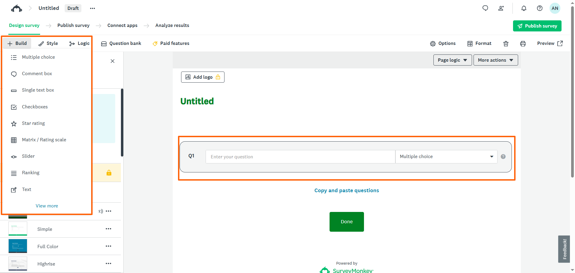 SurveyMonkey Survey Creator Build Menu Questio4n Types