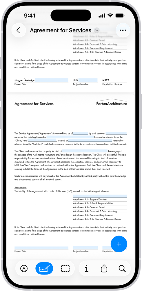 An Agreement for Services PDF on an iPhone with typed form fields and the Markup toolbar and plus button at the bottom