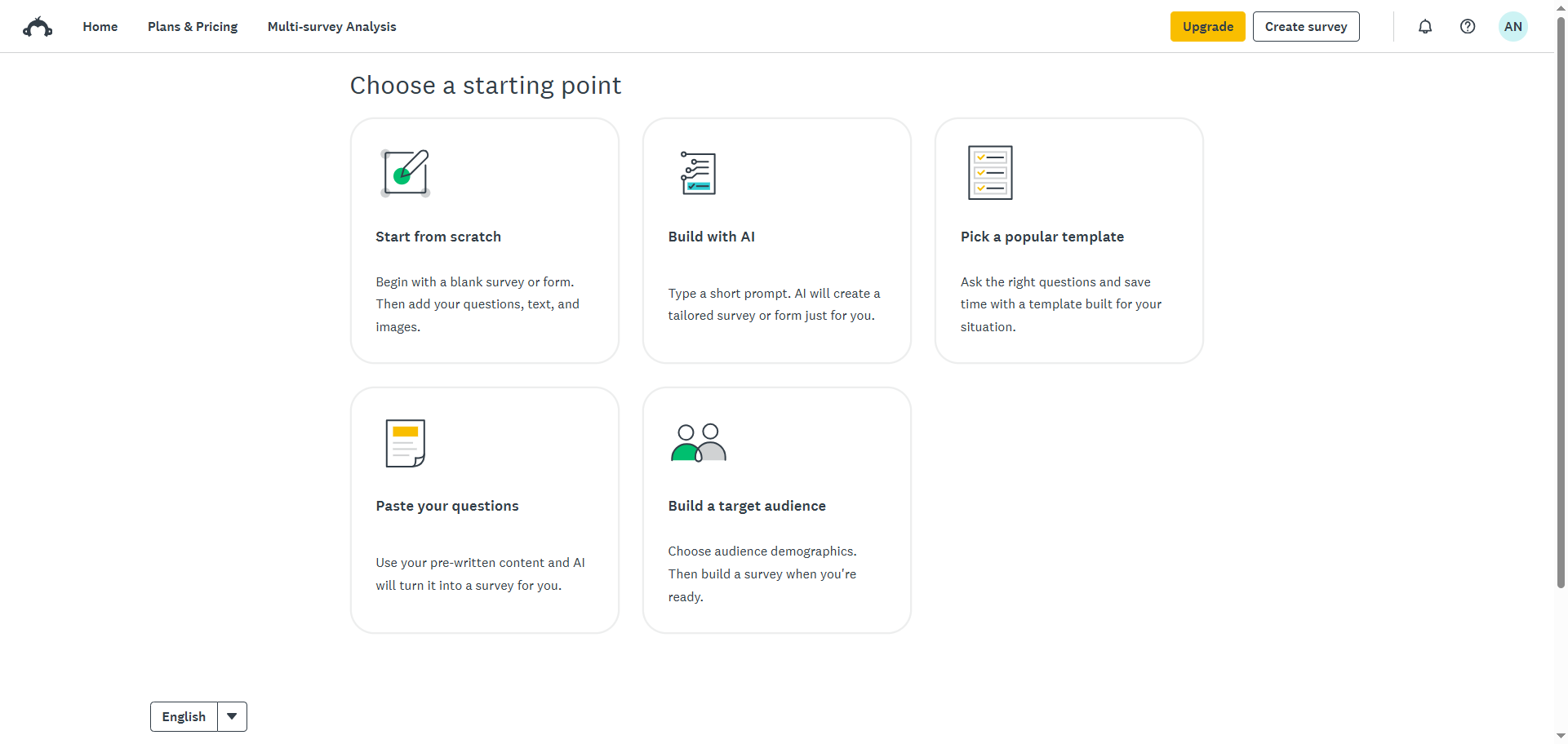 SurveyMonkey "Choose a starting point" options