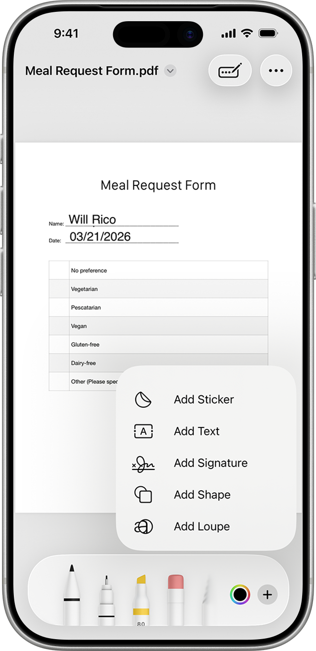 A Meal Request Form PDF on an iPhone showing the Markup plus-button menu: Add Sticker, Add Text, Add Signature, Add Shape, and Add Loupe