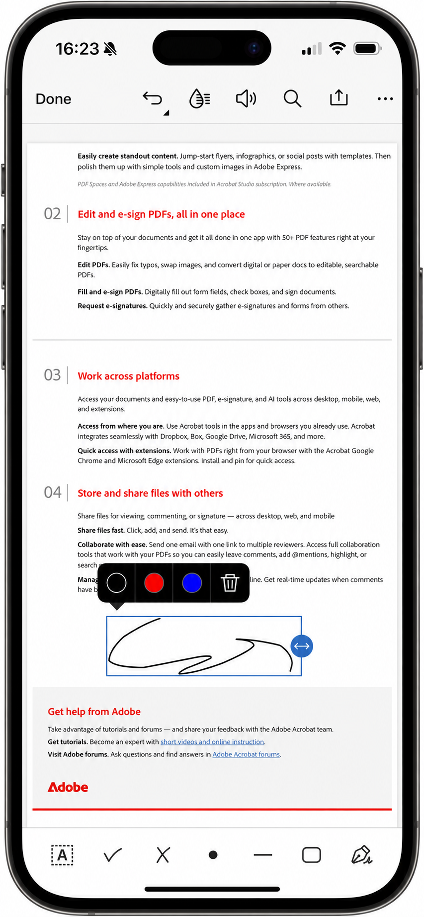 A signature drawn and placed on a PDF in Adobe Acrobat Reader on an iPhone, with the Fill & Sign toolbar along the bottom