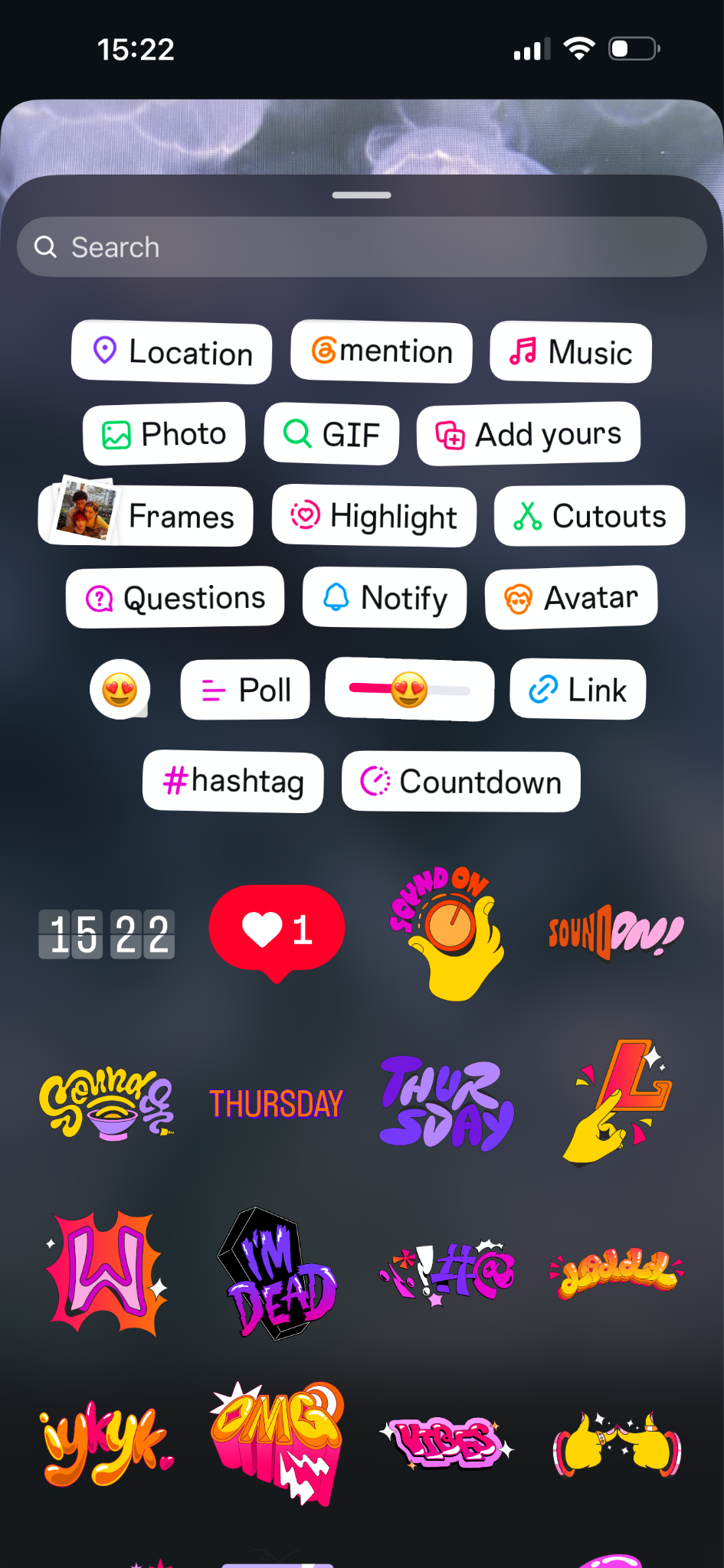 Instagram Story sticker menu displaying options such as location, mention, music, GIF, questions, poll, countdown, and colorful decorative stickers