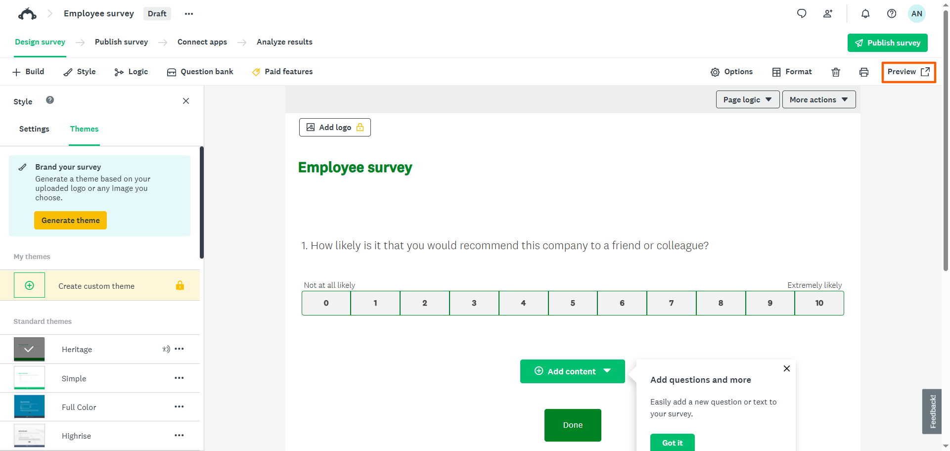 SurveyMonkey Survey Creator Preview Button