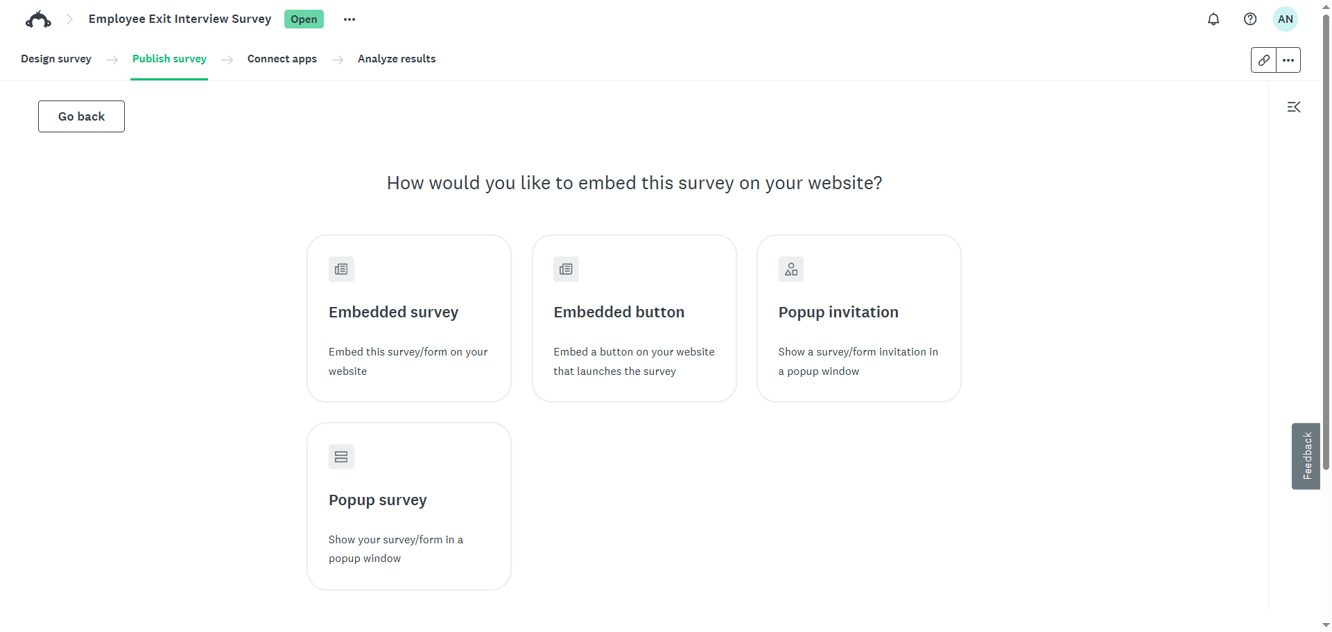 SurveyMonkey embed selection page showing embedded survey, embedded button, popup invitation, and popup survey options
