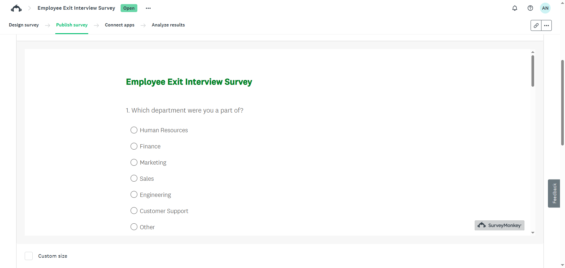 Live preview of the Employee Exit Interview Survey as it will appear on a website