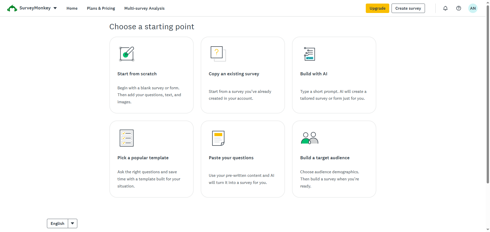 SurveyMonkey’s “Choose a starting point” page showing six survey creation options