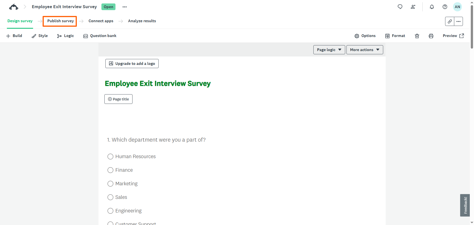 SurveyMonkey survey builder with the Publish Survey button highlighted at the top