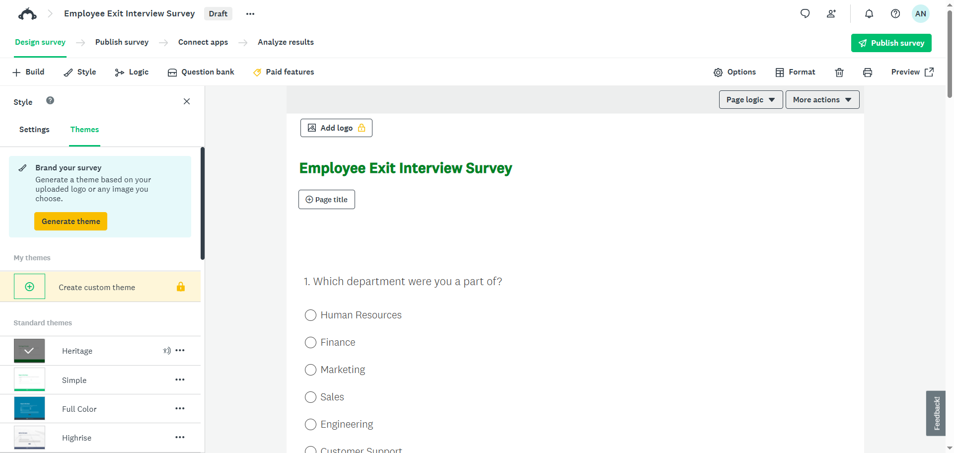 SurveyMonkey survey builder displaying an Employee Exit Interview Survey with editable questions and fields