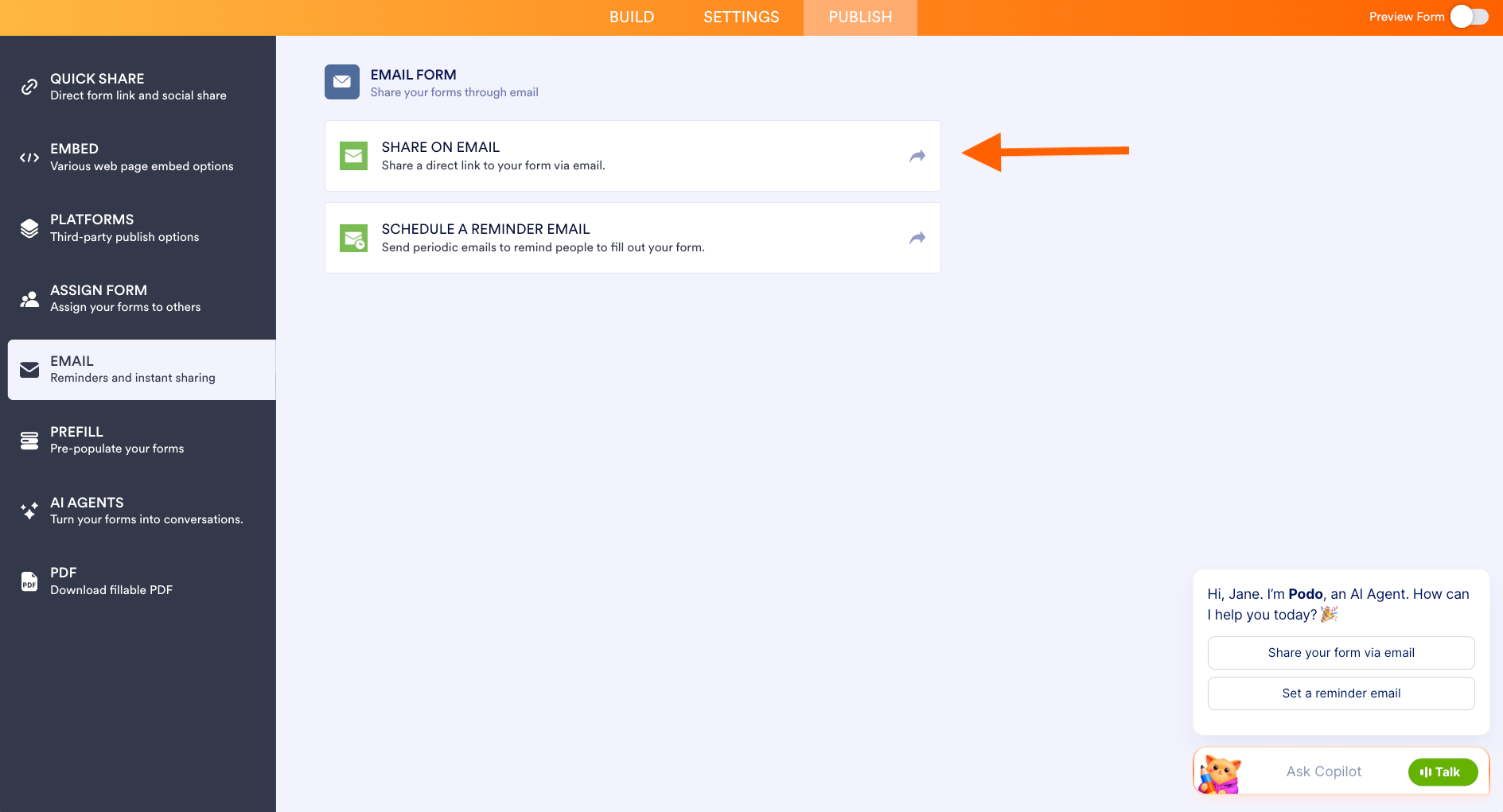 Jotform Publish page with Email selected and the Share on Email option highlighted