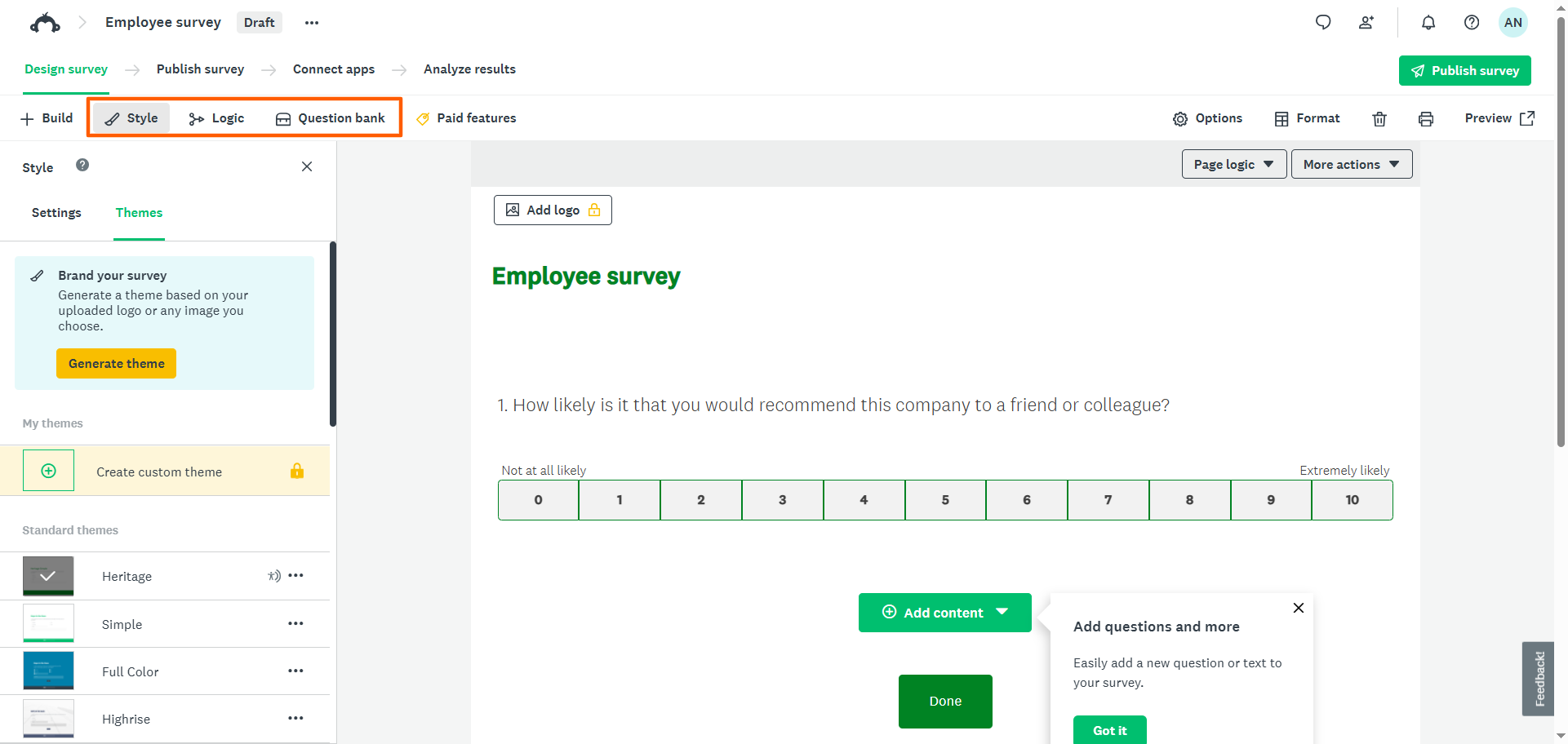 SurveyMonkey Survey Creator Style, Logic and Question bank Menus