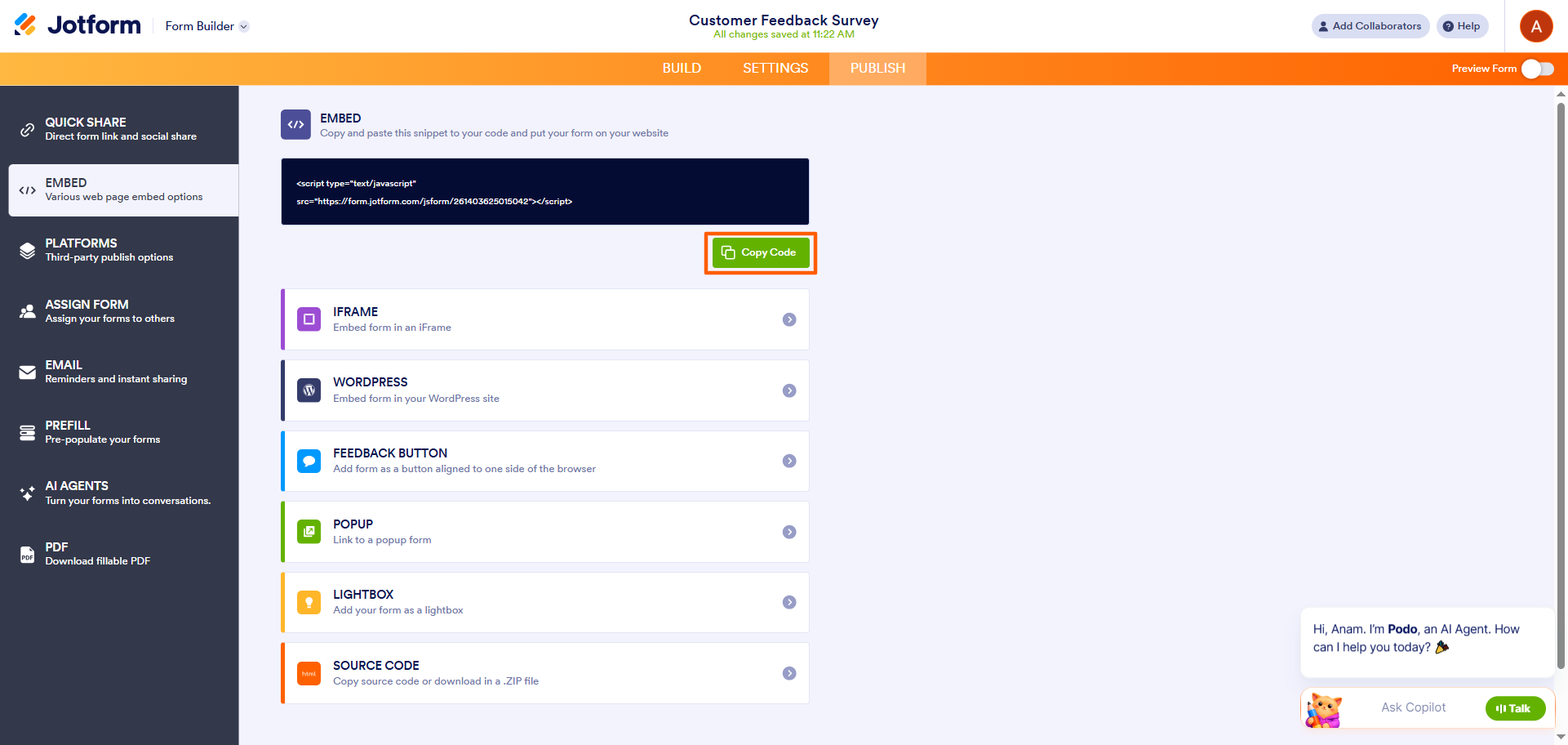 Jotform embed methods page with the Copy Code button highlighted for copying the selected embed code