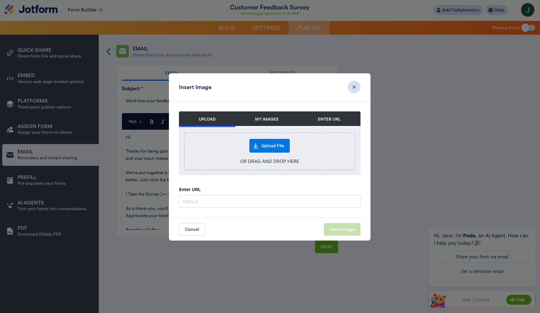Jotform email editor showing the Insert Image window for uploading or linking a button image
