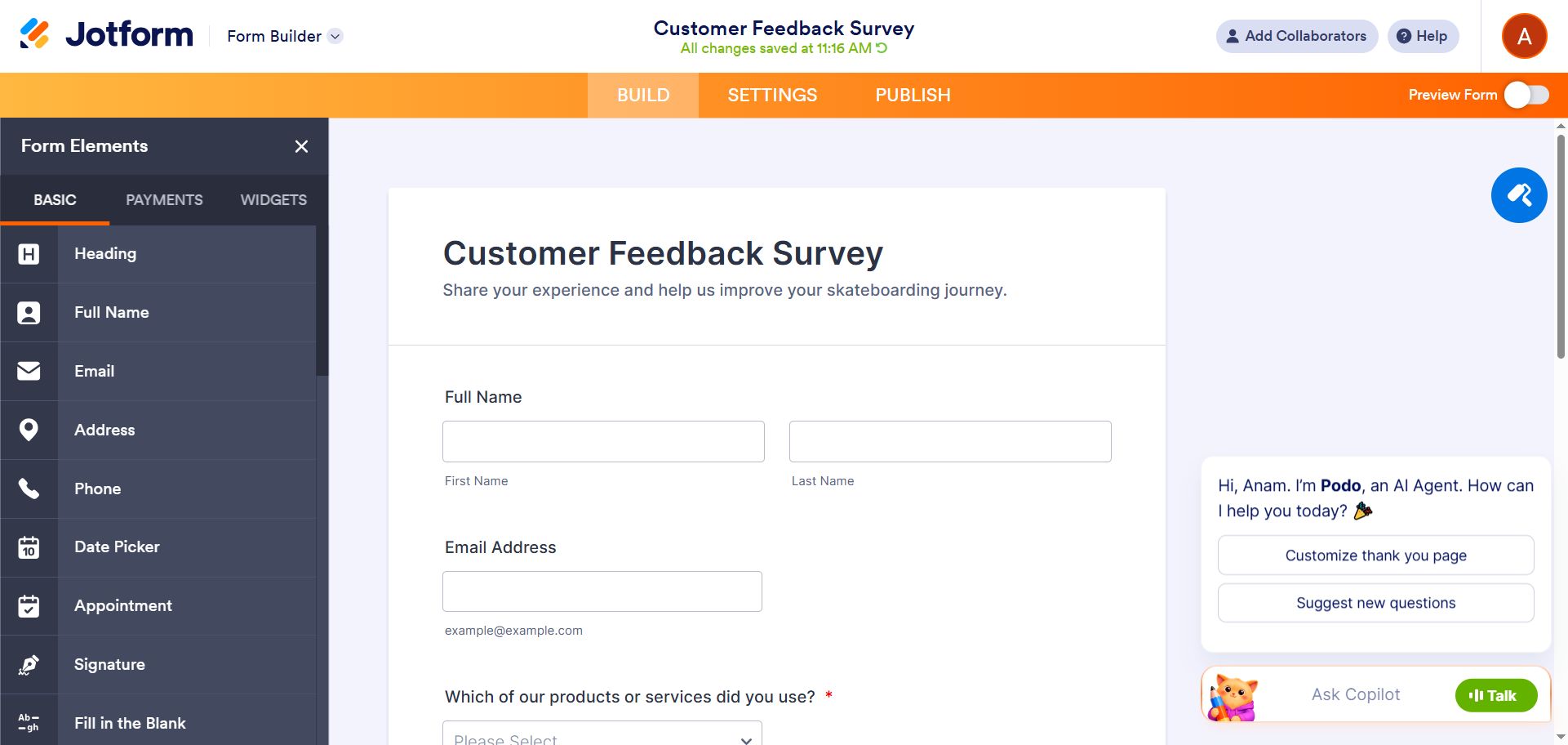 Jotform Form Builder displaying a Customer Feedback Survey with editable form fields