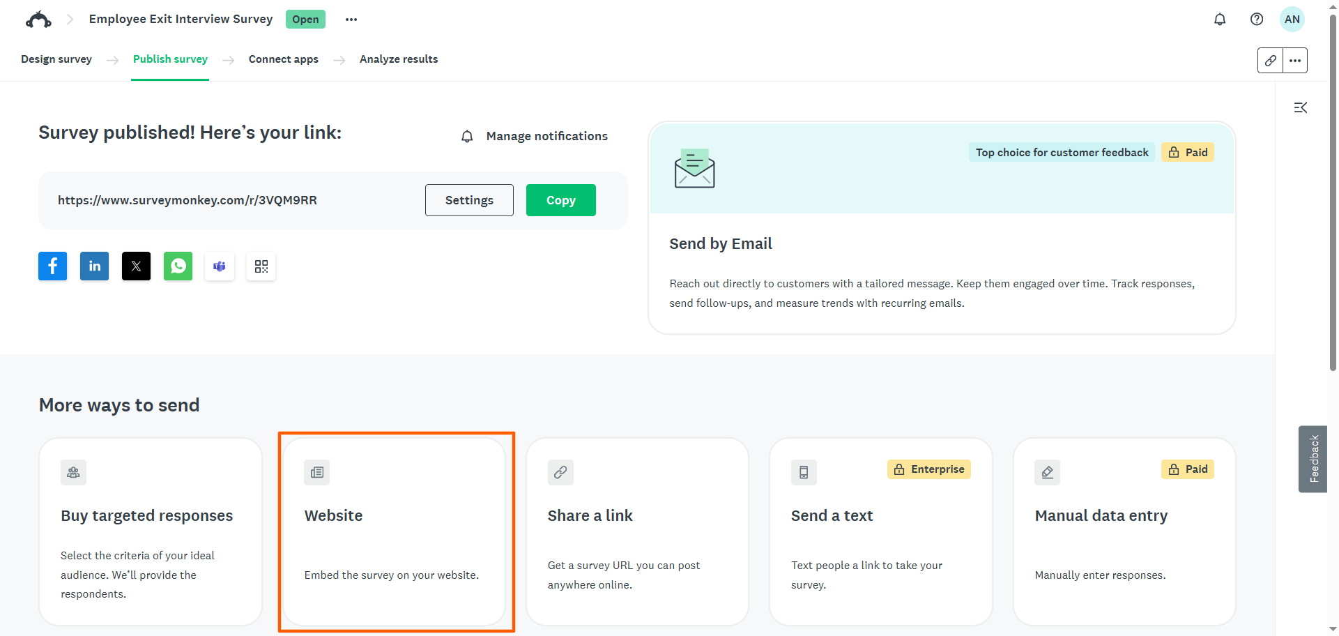 SurveyMonkey publishing page with the Website option highlighted under “More ways to send