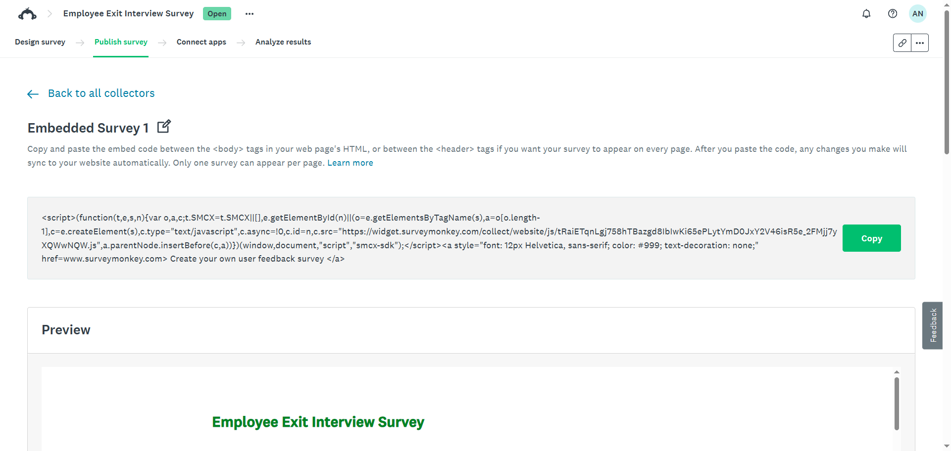 SurveyMonkey embed page displaying the generated embed code and a survey preview