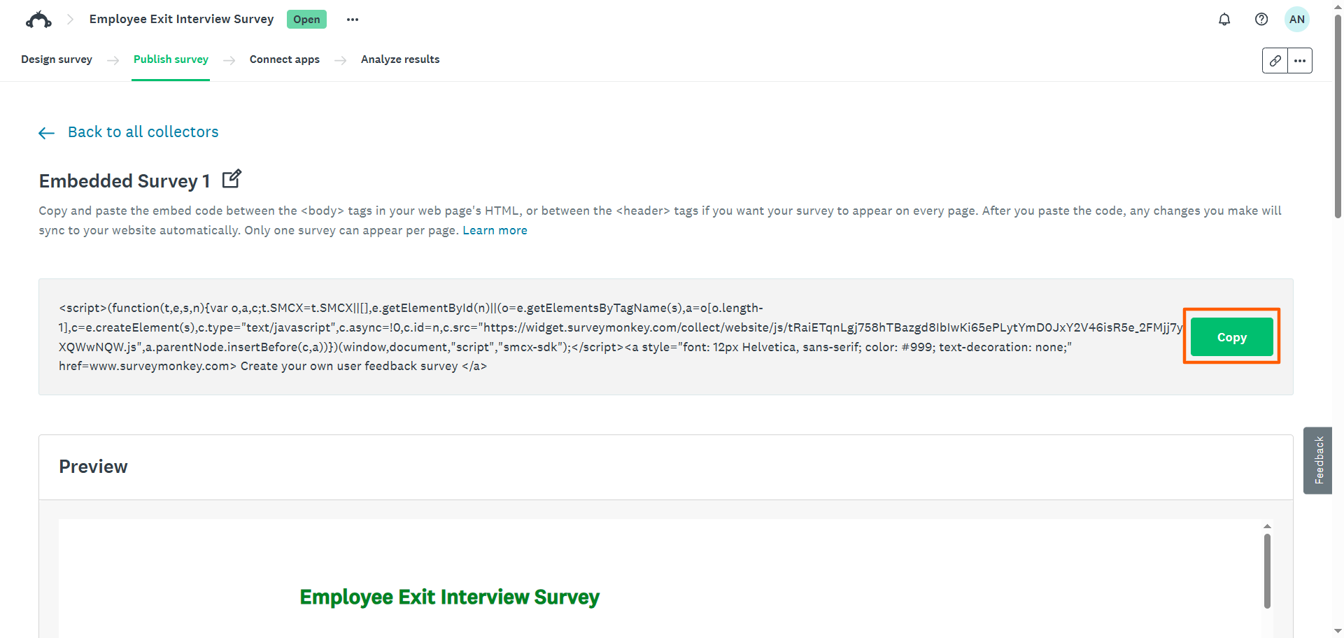 SurveyMonkey embed code section with the Copy button highlighted