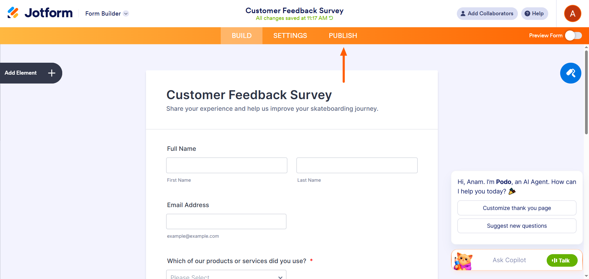 Jotform Form Builder with the Publish tab highlighted at the top