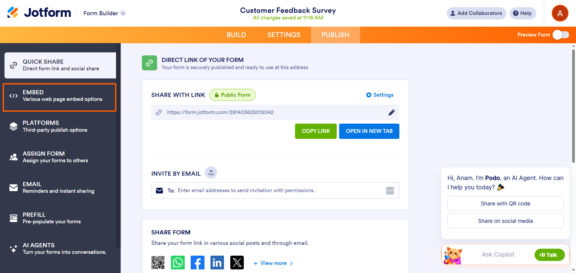 Jotform Publish page with the Embed option selected in the left sidebar