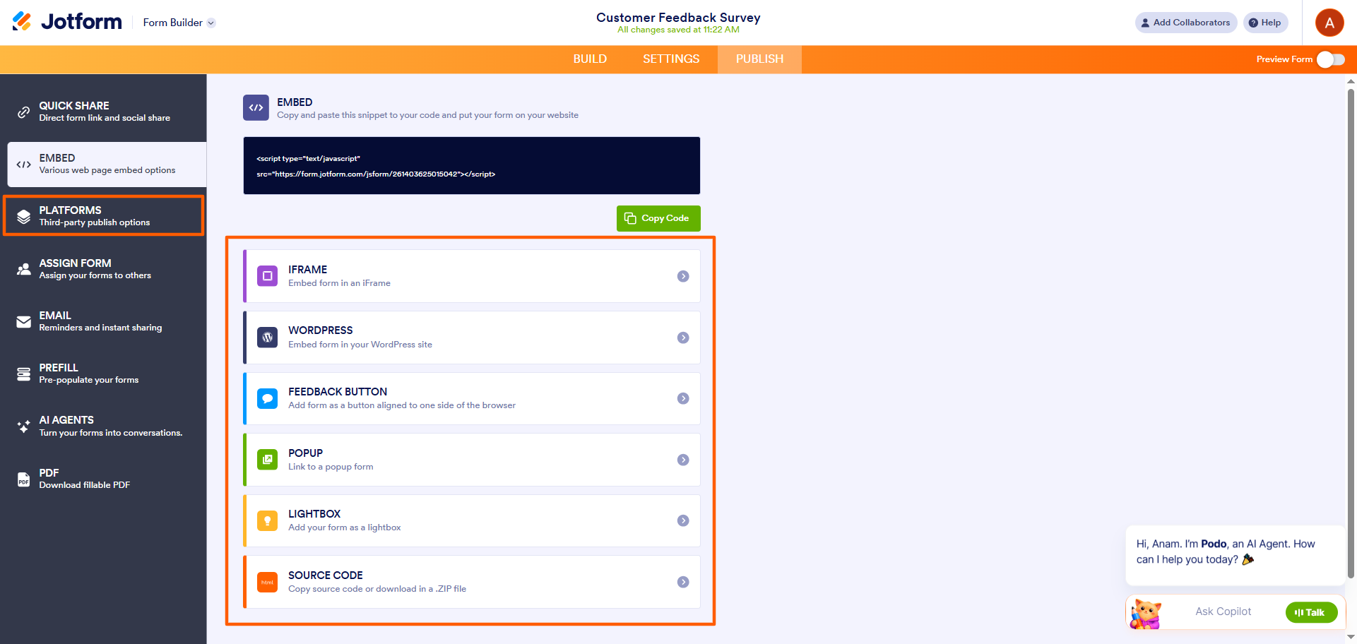 Jotform embed methods page showing options including iFrame, WordPress, feedback button, popup, lightbox, and source code
