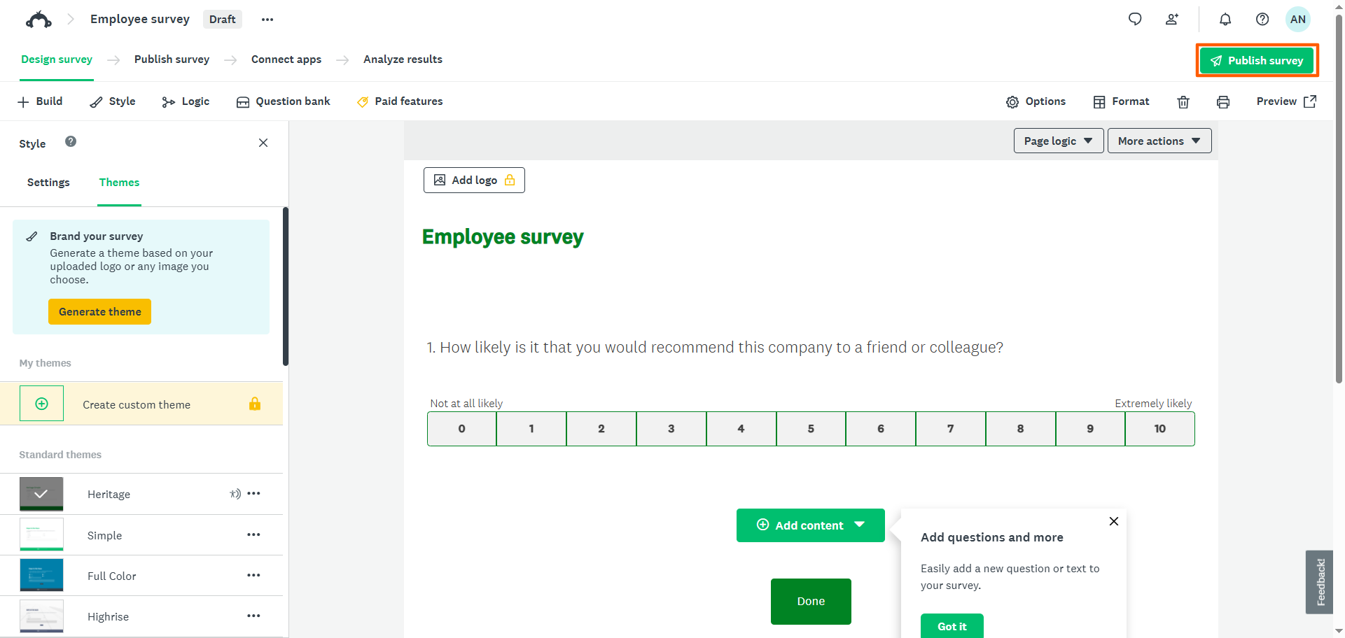 SurveyMonkey Survey Creator Publish Survey Button