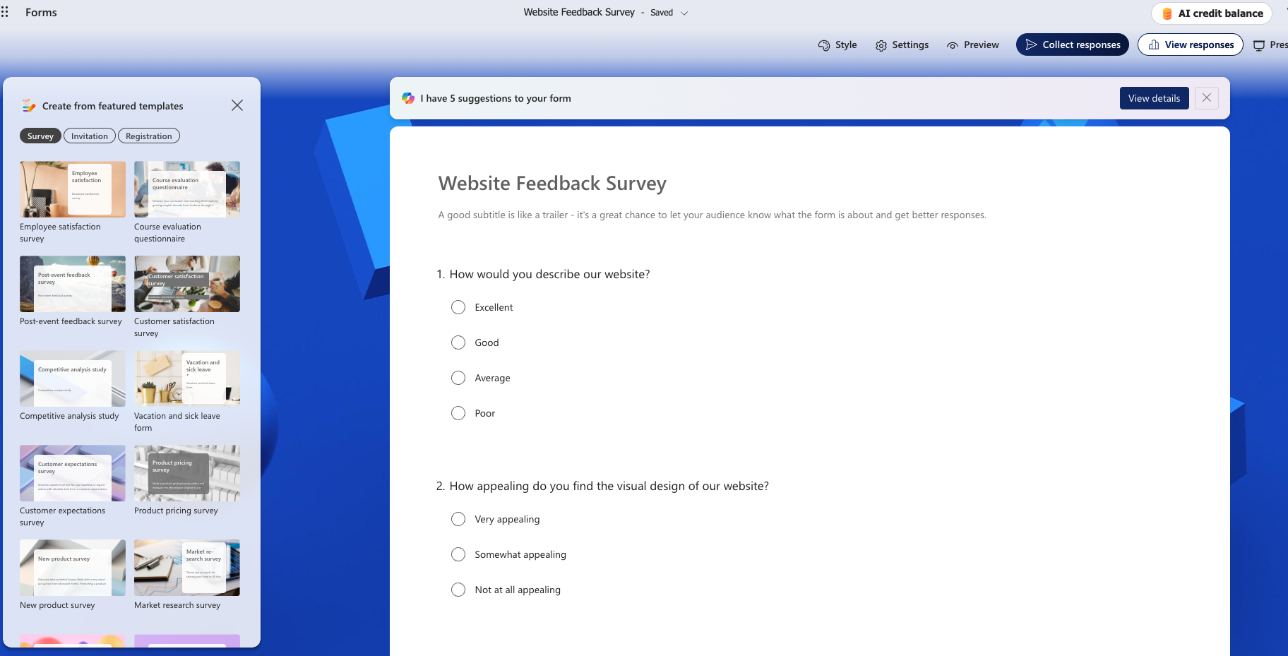 Microsoft Forms website feedback survey with multiple-choice questions about site navigation and content