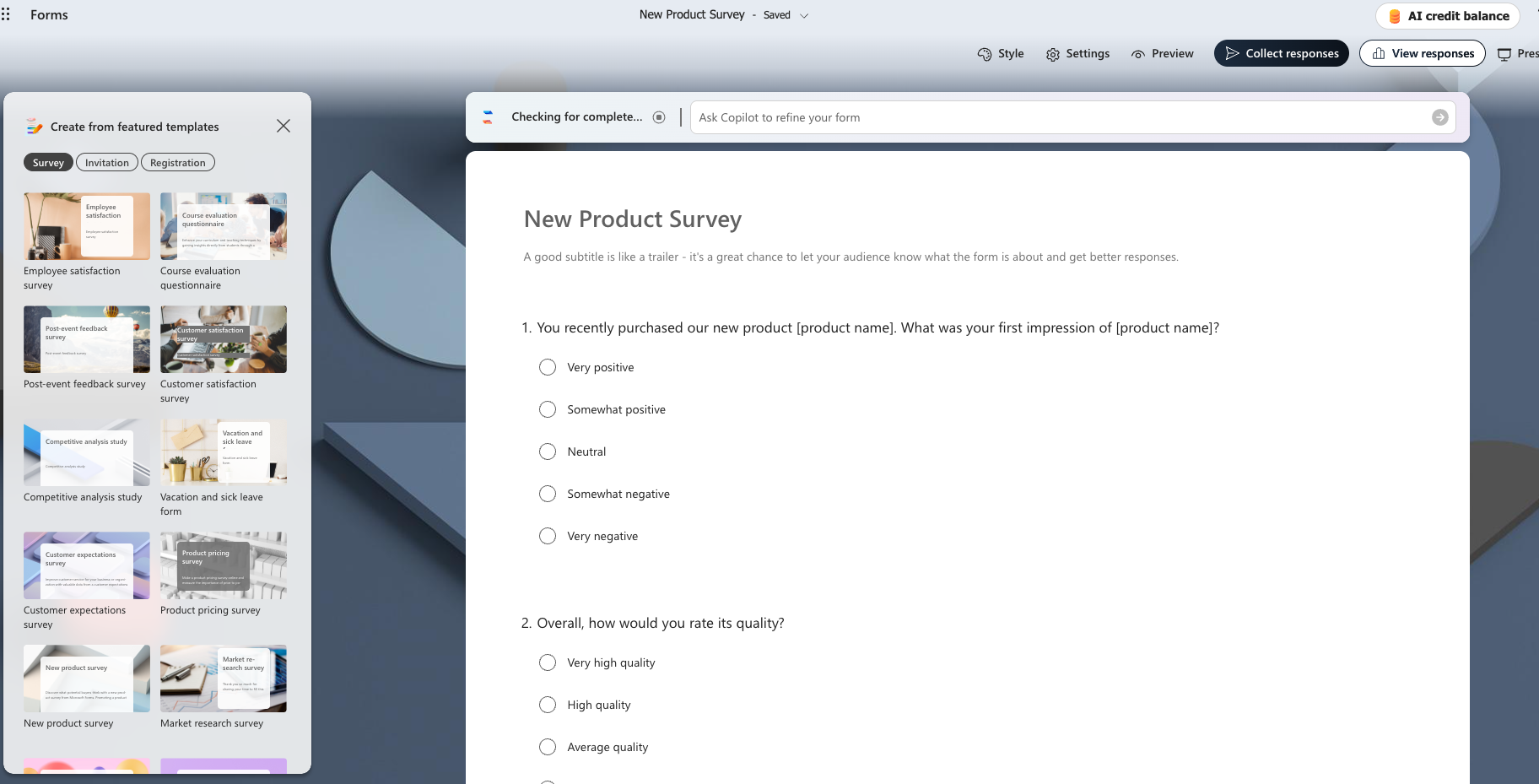 Microsoft Forms new product survey template with multiple-choice questions about product interest and preferences