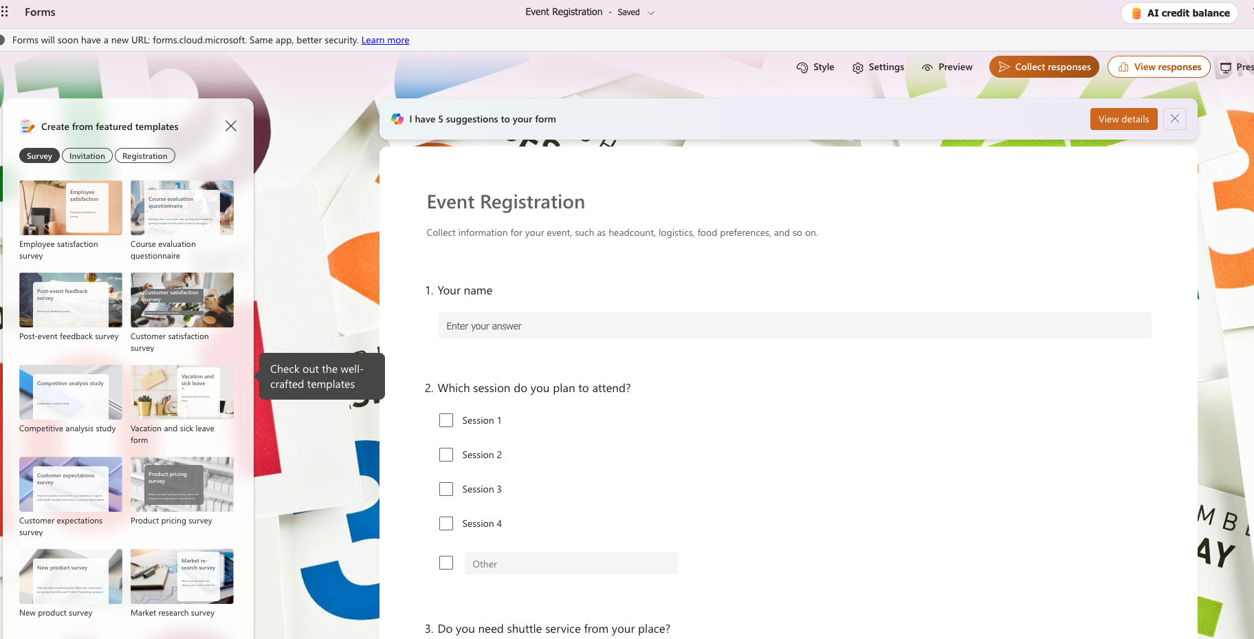 Microsoft Forms event registration template with fields for attendee details and event preferences
