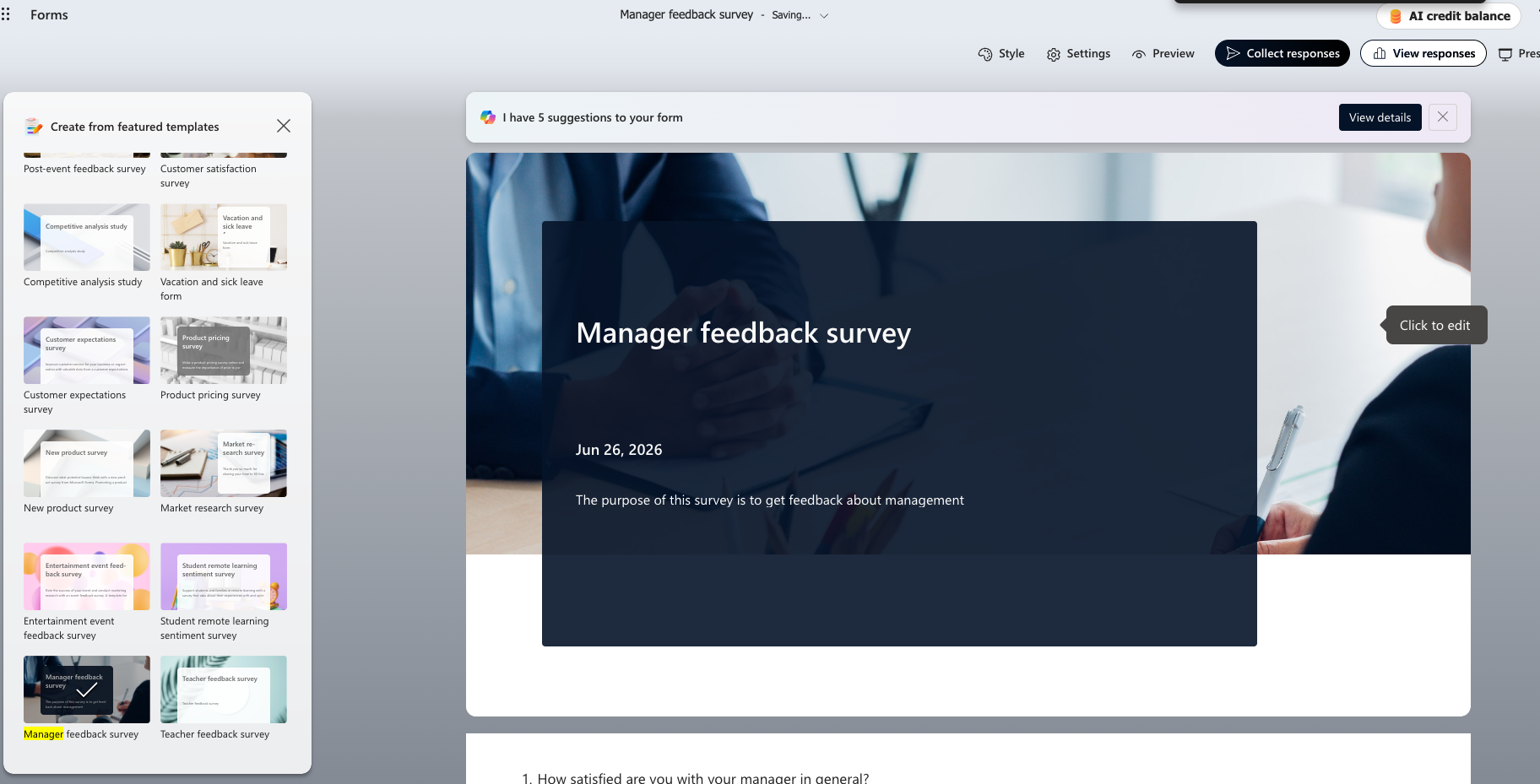 Microsoft Forms manager feedback survey for evaluating leadership, communication, and workplace support