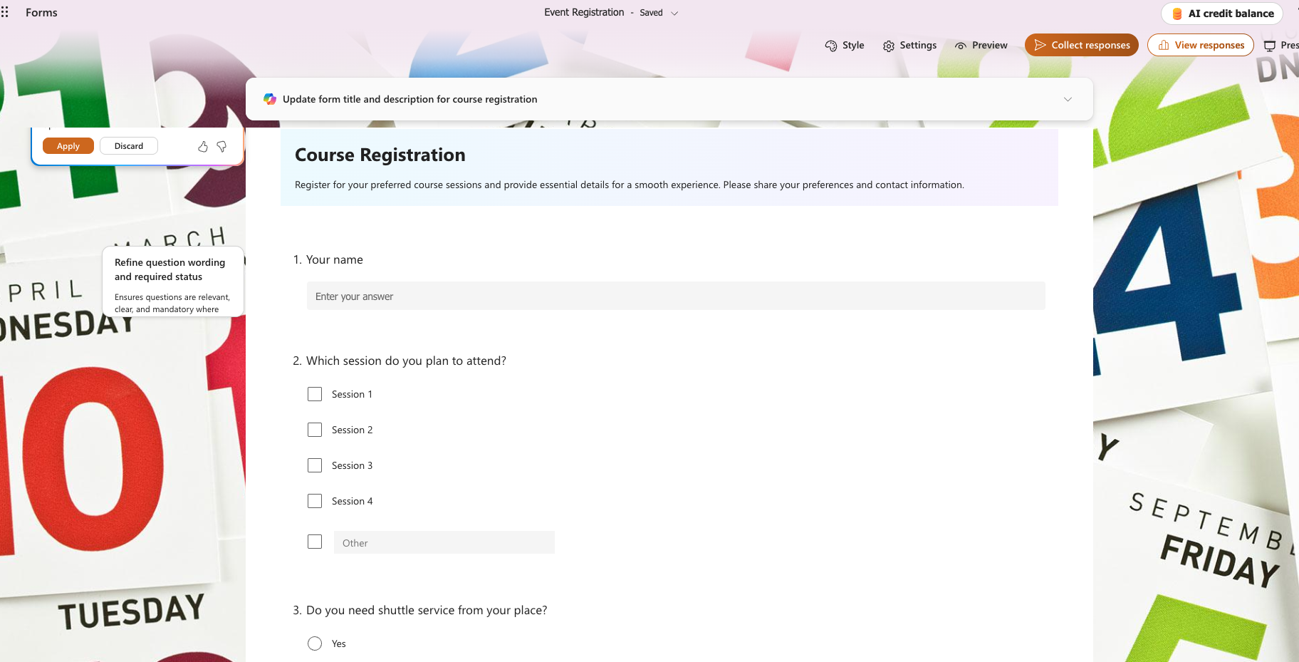 Microsoft Forms course registration template with fields for participant details, preferred dates, and accessibility needs