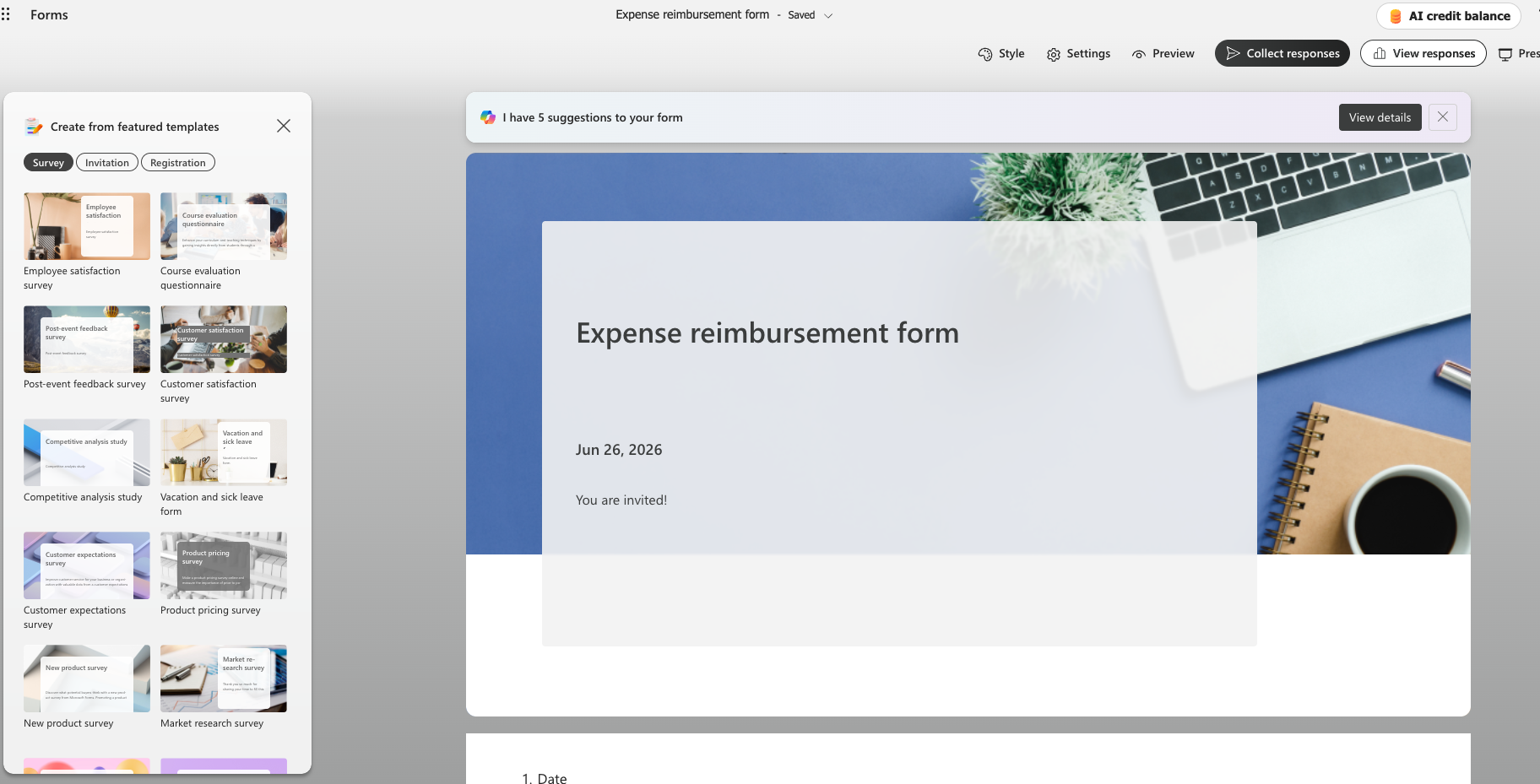 Microsoft Forms expense reimbursement template with a blue header and receipt-themed image
