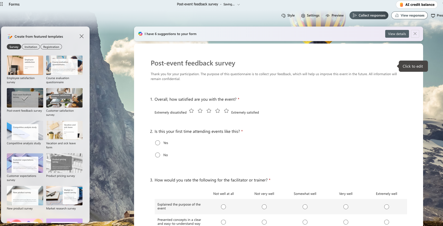 Microsoft Forms post-event feedback survey with rating scales and questions about attendee satisfaction