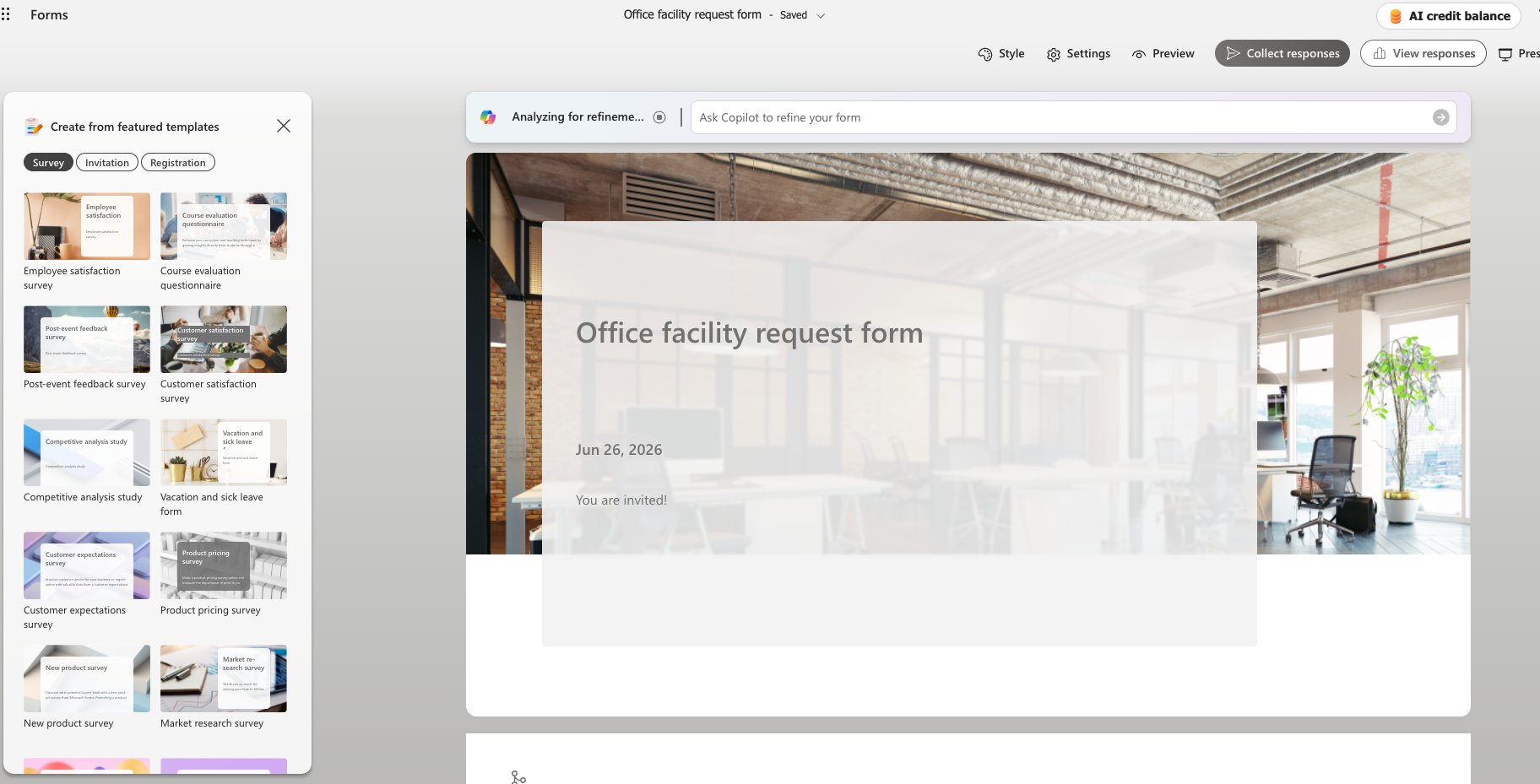 Microsoft Forms office facility request form featuring a modern office background and template suggestions panel