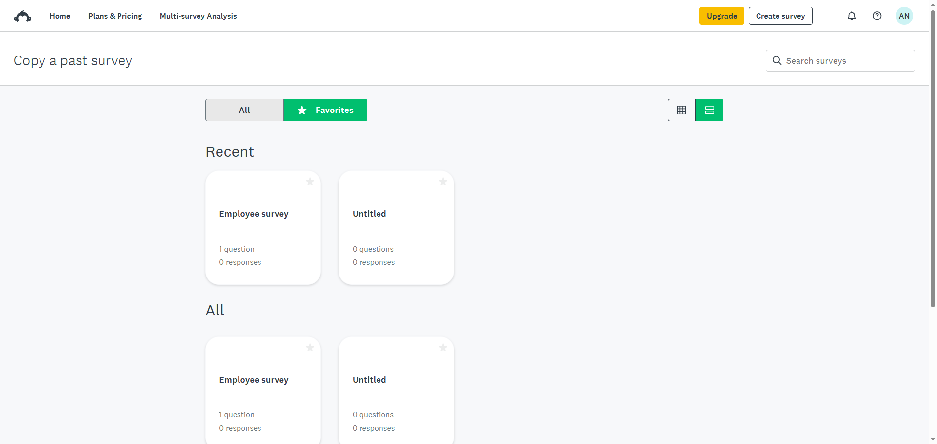 SurveyMonkey "Copy a past survey" page