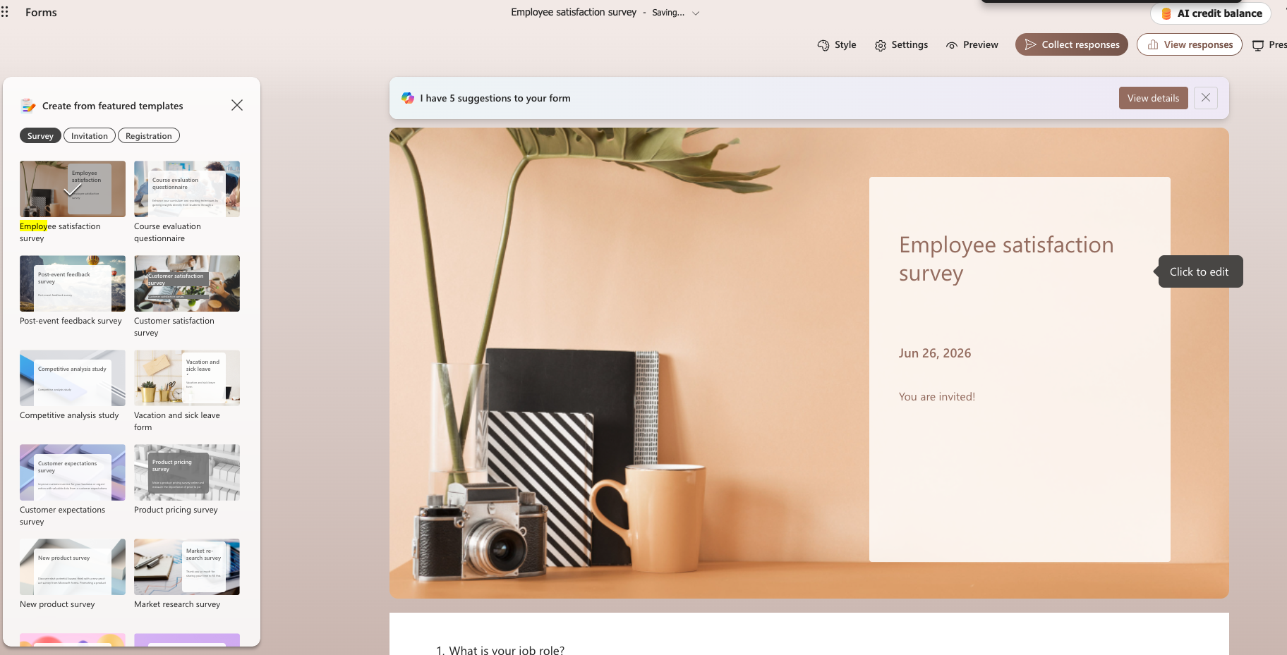 Microsoft Forms employee satisfaction survey featuring a warm office-themed banner image