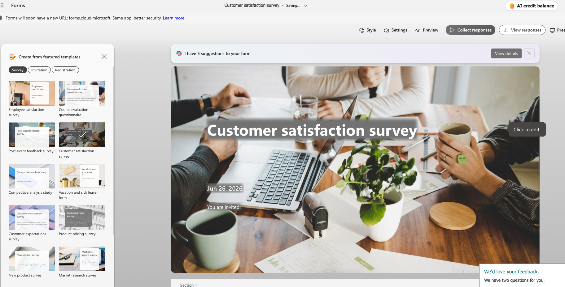 Microsoft Forms customer satisfaction survey template featuring a workplace banner image