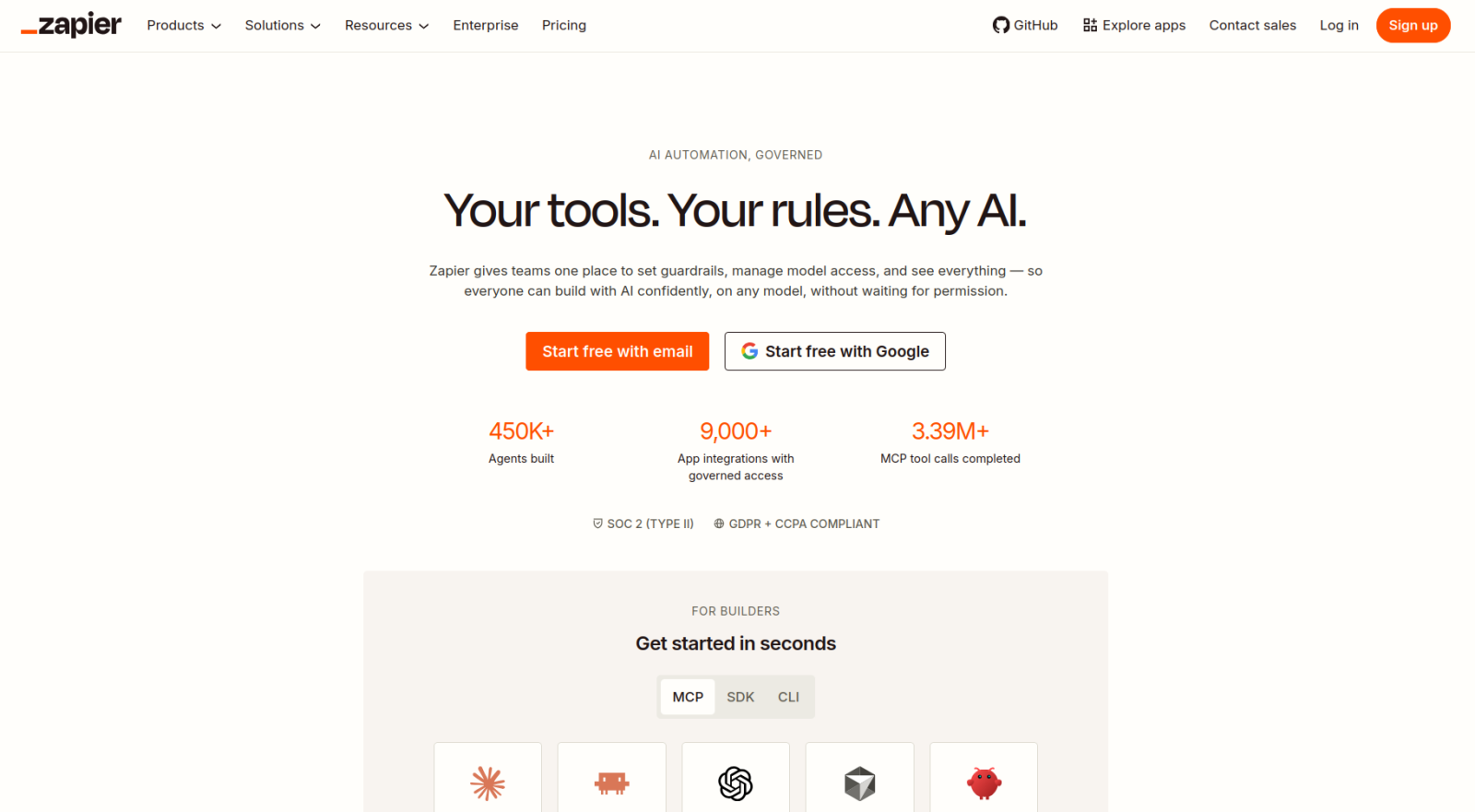 Screenshot of the Zapier landing page, showing a headline "Your tools