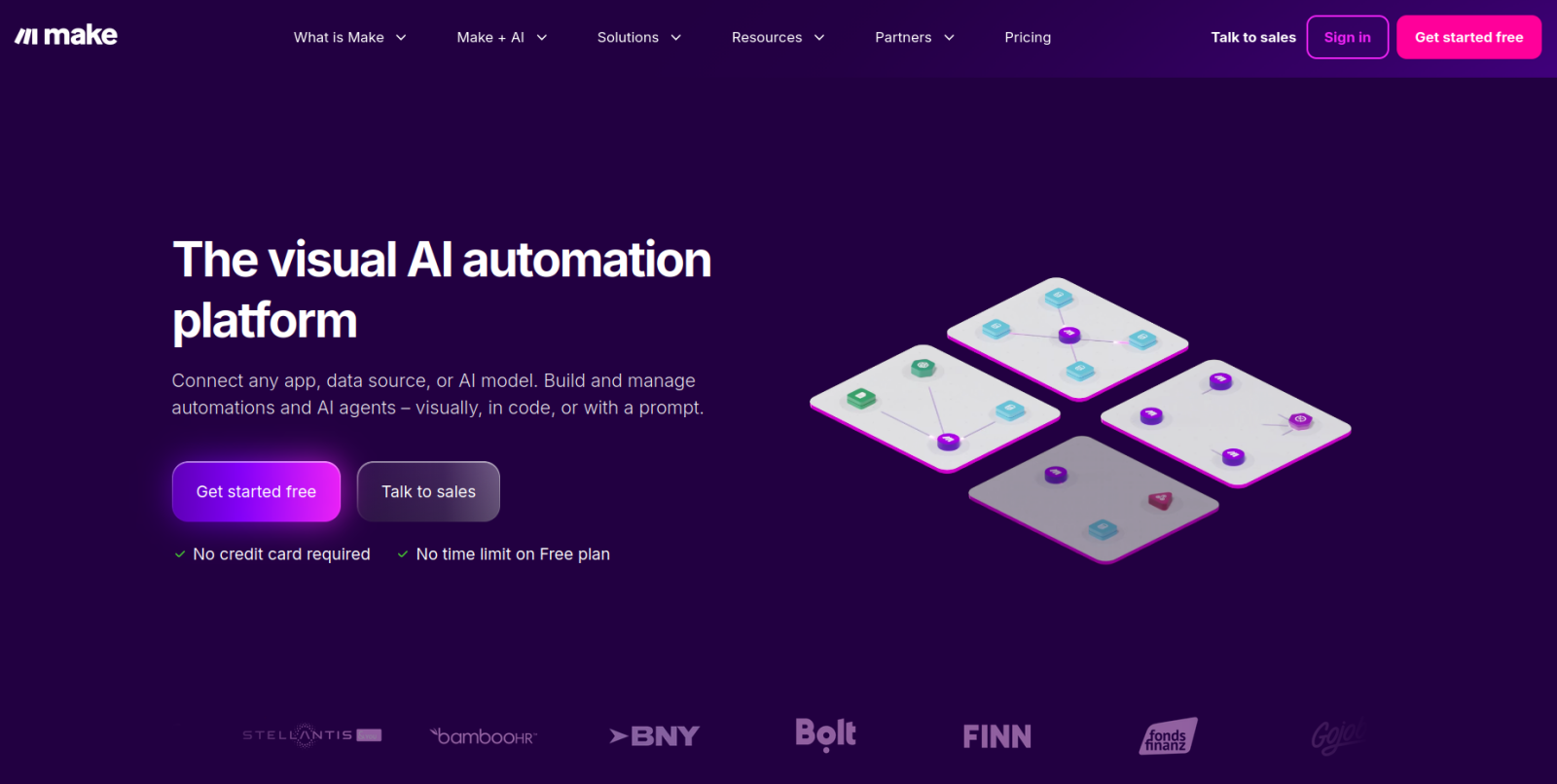 Screenshot of the Make landing page, showing a headline "The visual AI automation platform"