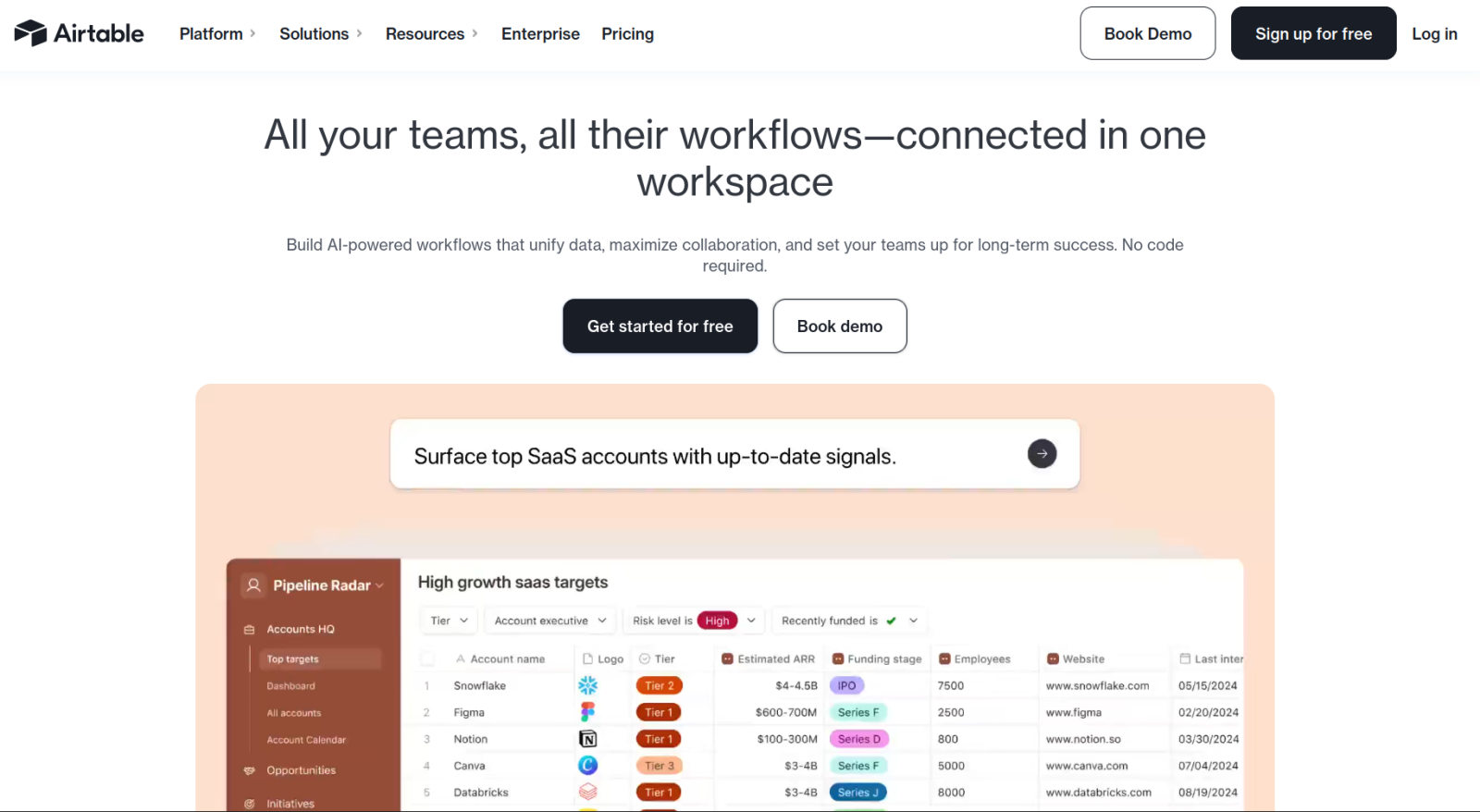 Screenshot of the Airtable landing page, showing a headline "All your teams, all their workflows- connected in one workspace"