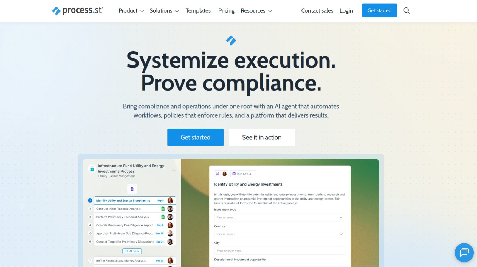 Screenshot of the Process Street landing page, showing a headline "Systemize execution
